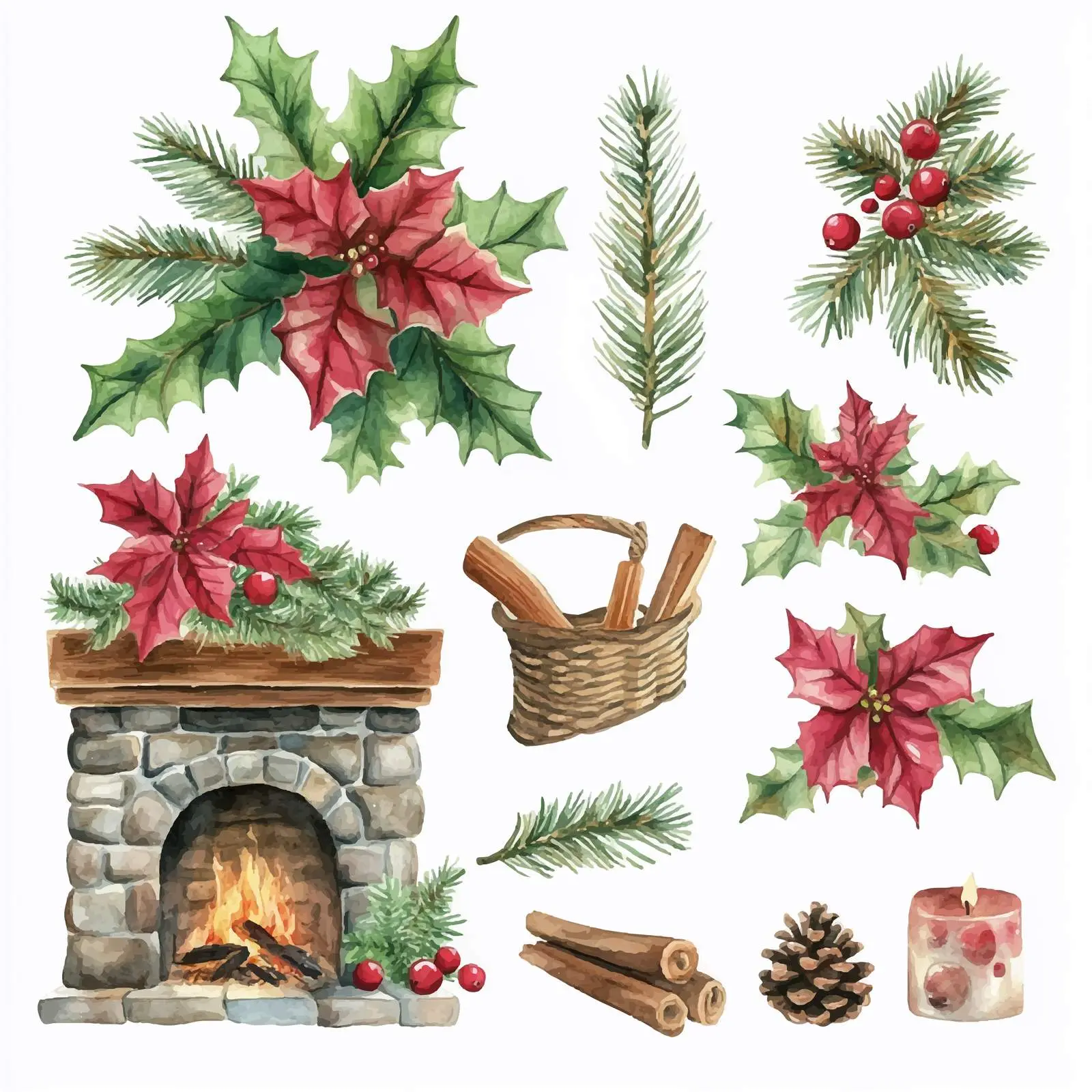 Christmas Fireplace Decoration with Poinsettia and Pine — free download from Dotvec
