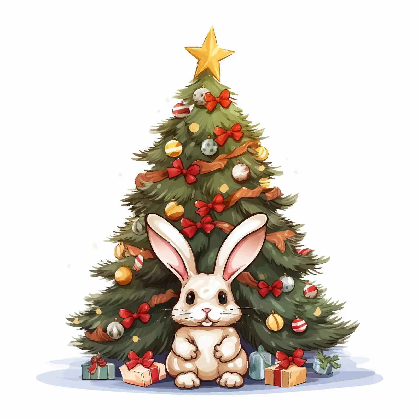 Christmas Tree with Rabbit Cartoon Illustration — free download from Dotvec