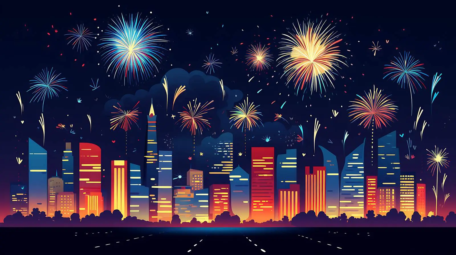 Night Skyline Fireworks Display — free download from Dotvec