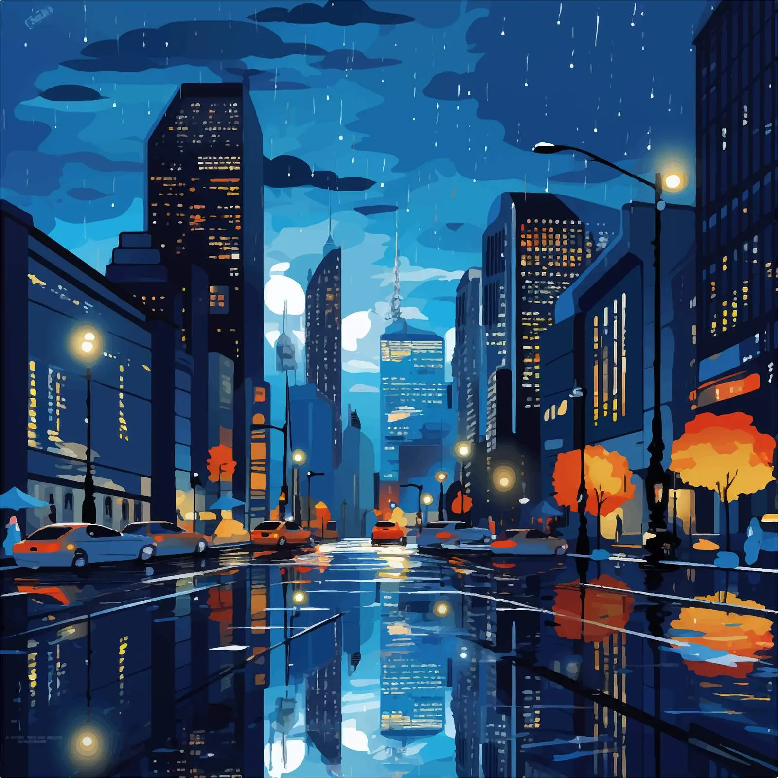 Rainy Night City Scene Vector Illustration — free download from Dotvec