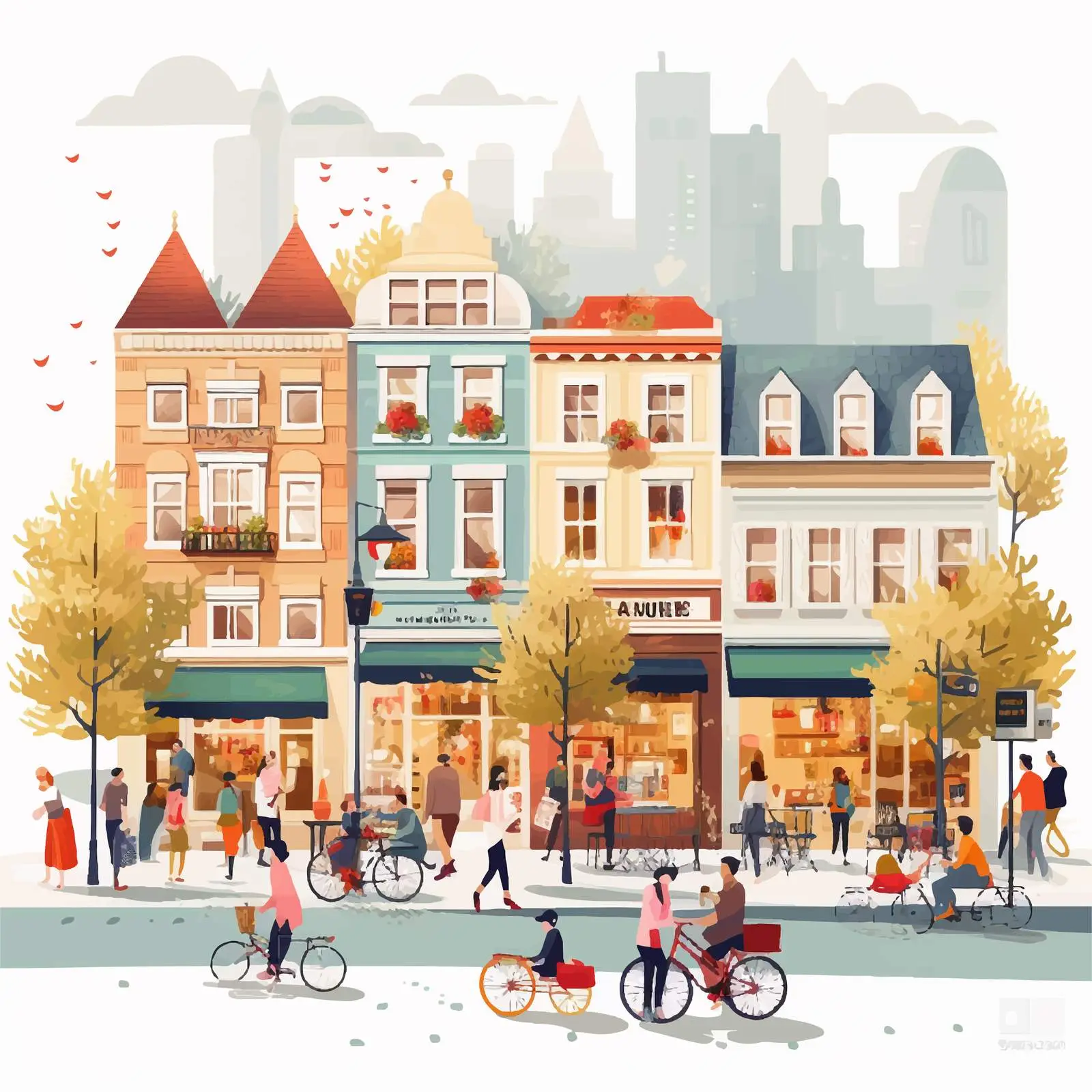 City Street Panorama with Pedestrians and Cyclists – free bench image from Dotvec