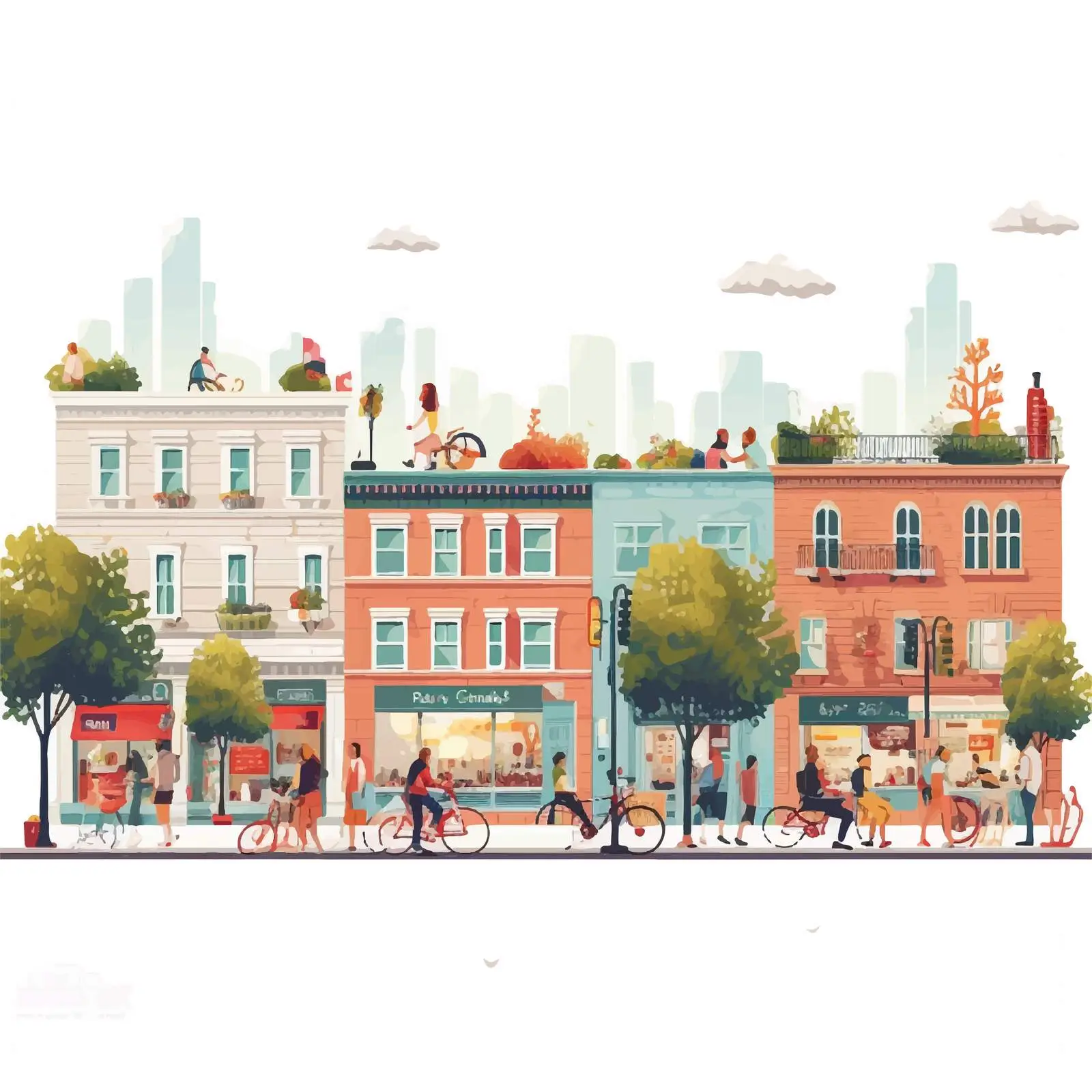 City Street Panorama with People Walking and Cycling — free download from Dotvec