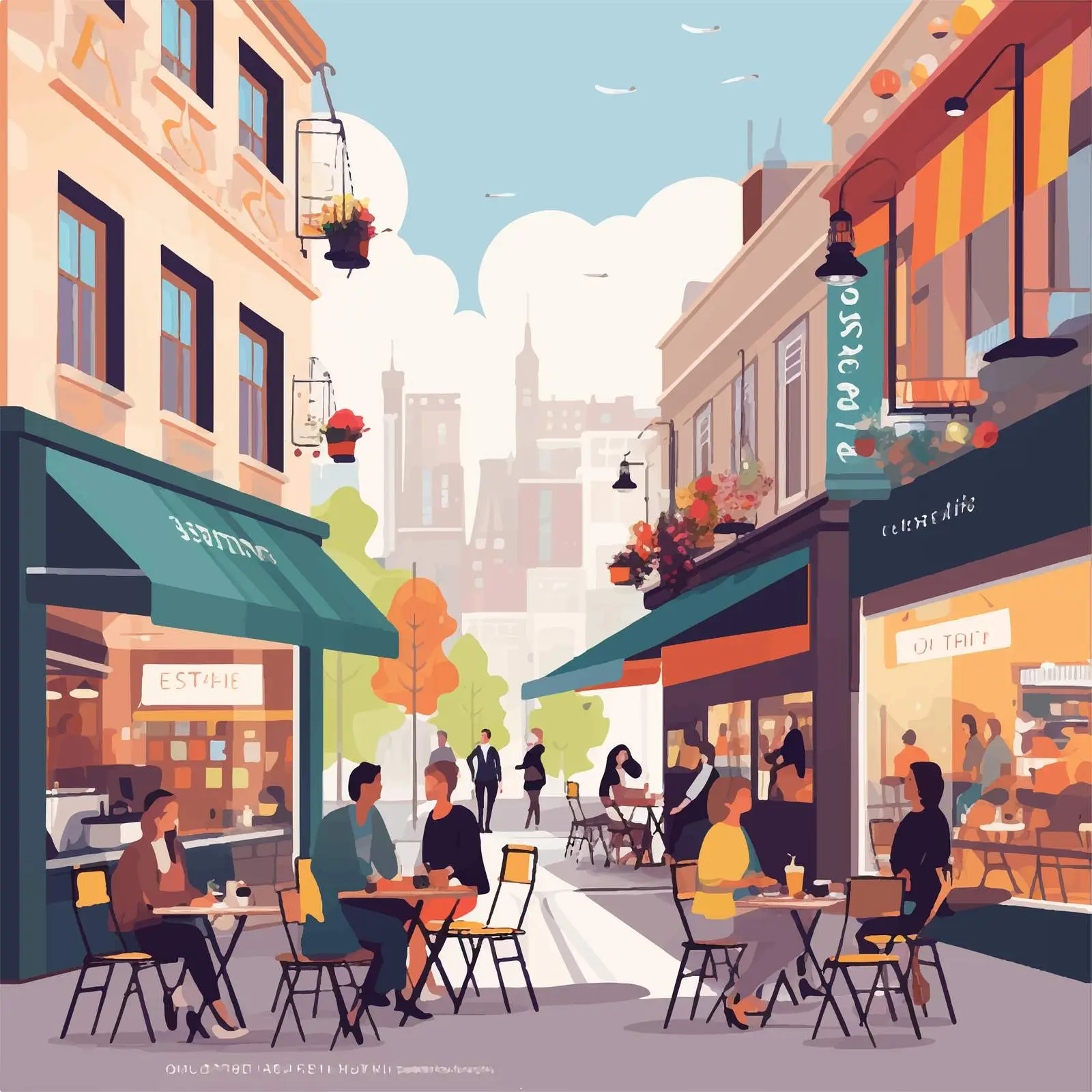 Busy City Street with People and Cafes – free sidewalk image from Dotvec