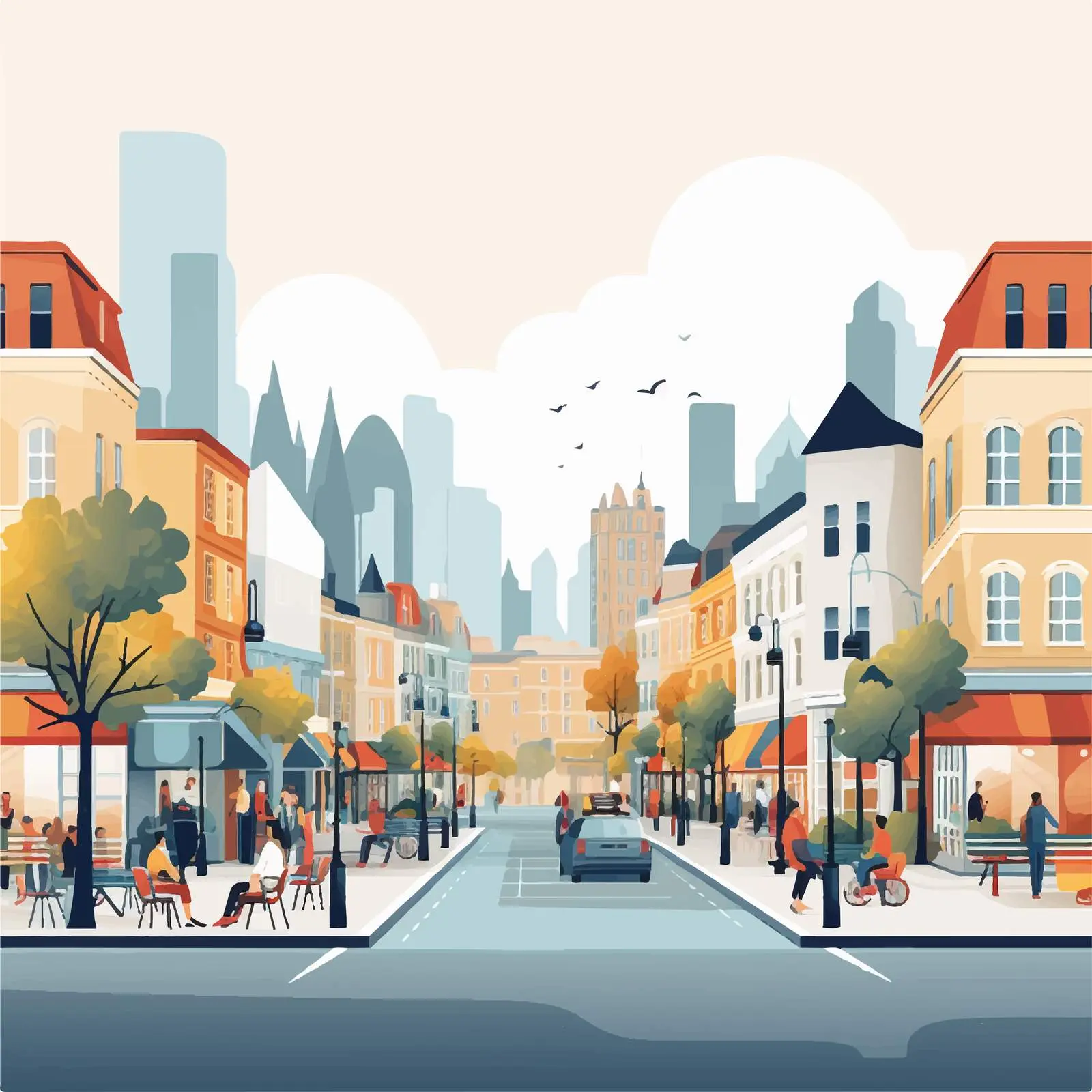 City Street with People and Cafe Scene – free outdoor seating image from Dotvec