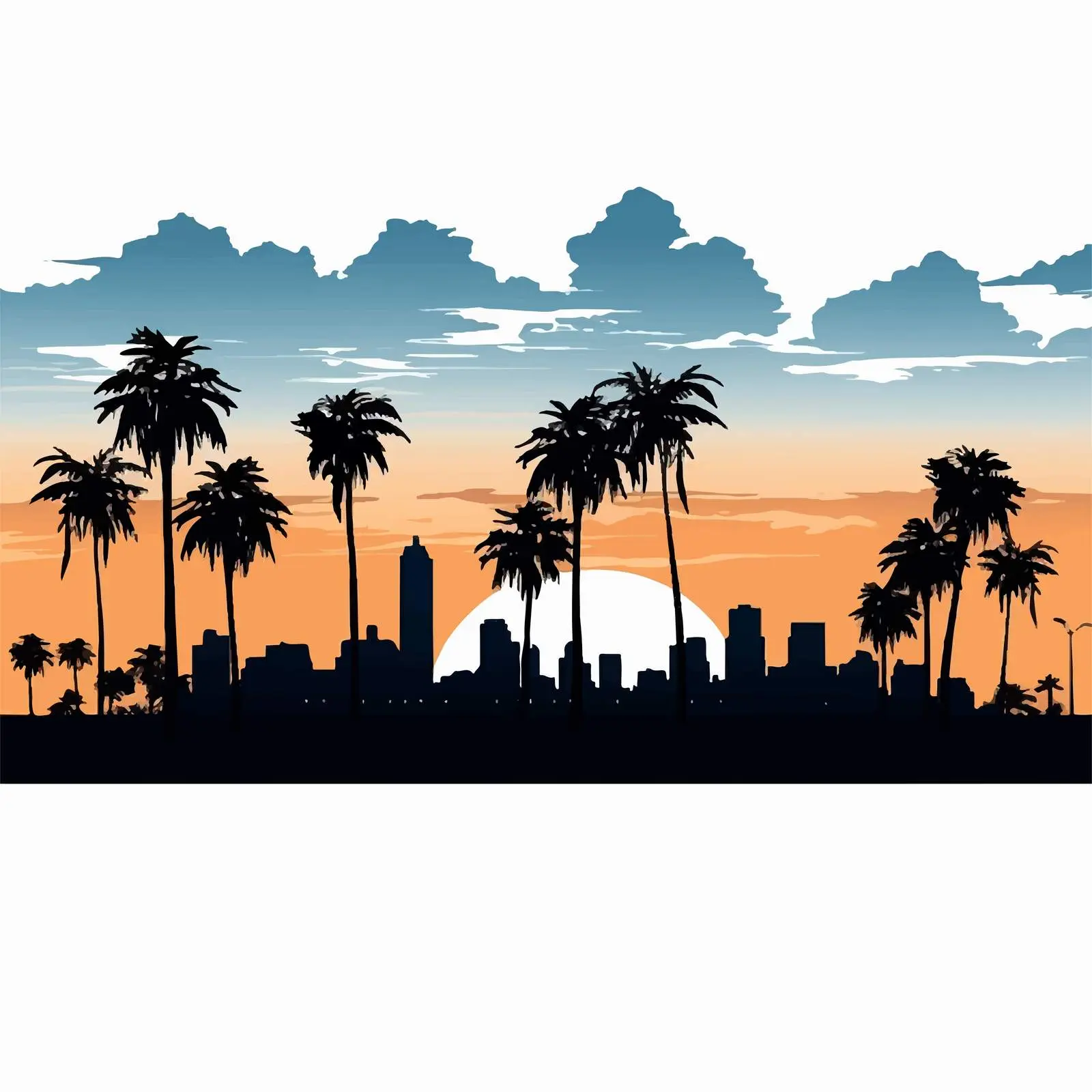 Cityscape Silhouette with Palms and Buildings — free download from Dotvec