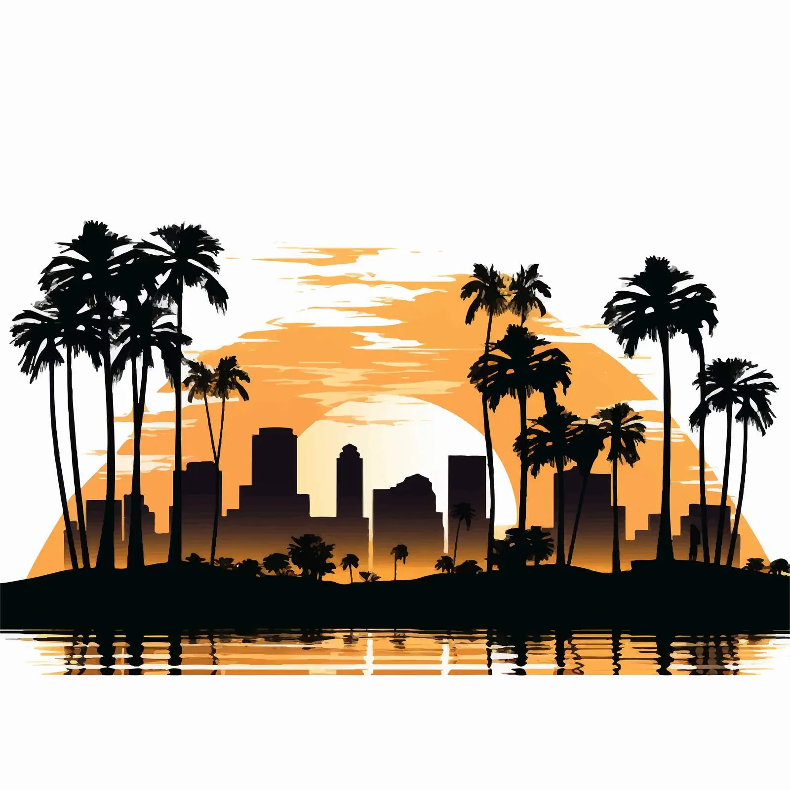 Cartoon Cityscape with Palm Silhouettes and Buildings — free download from Dotvec