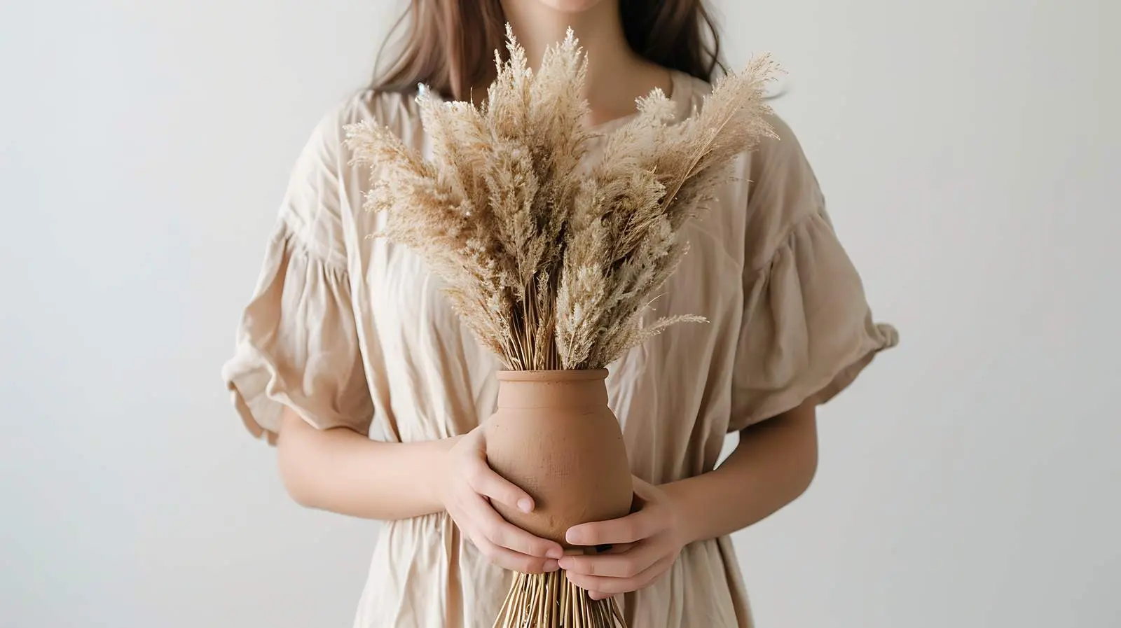 Dried Pampas Grass in Clay Pot Held by Woman – free young image from Dotvec
