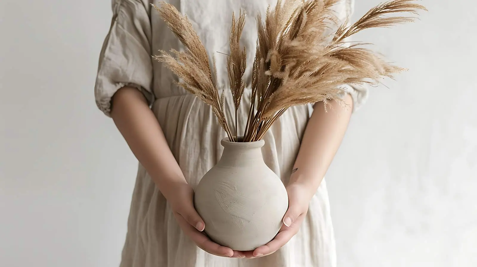Young Woman Holding Clay Pot with Pampas Grass – free young image from Dotvec