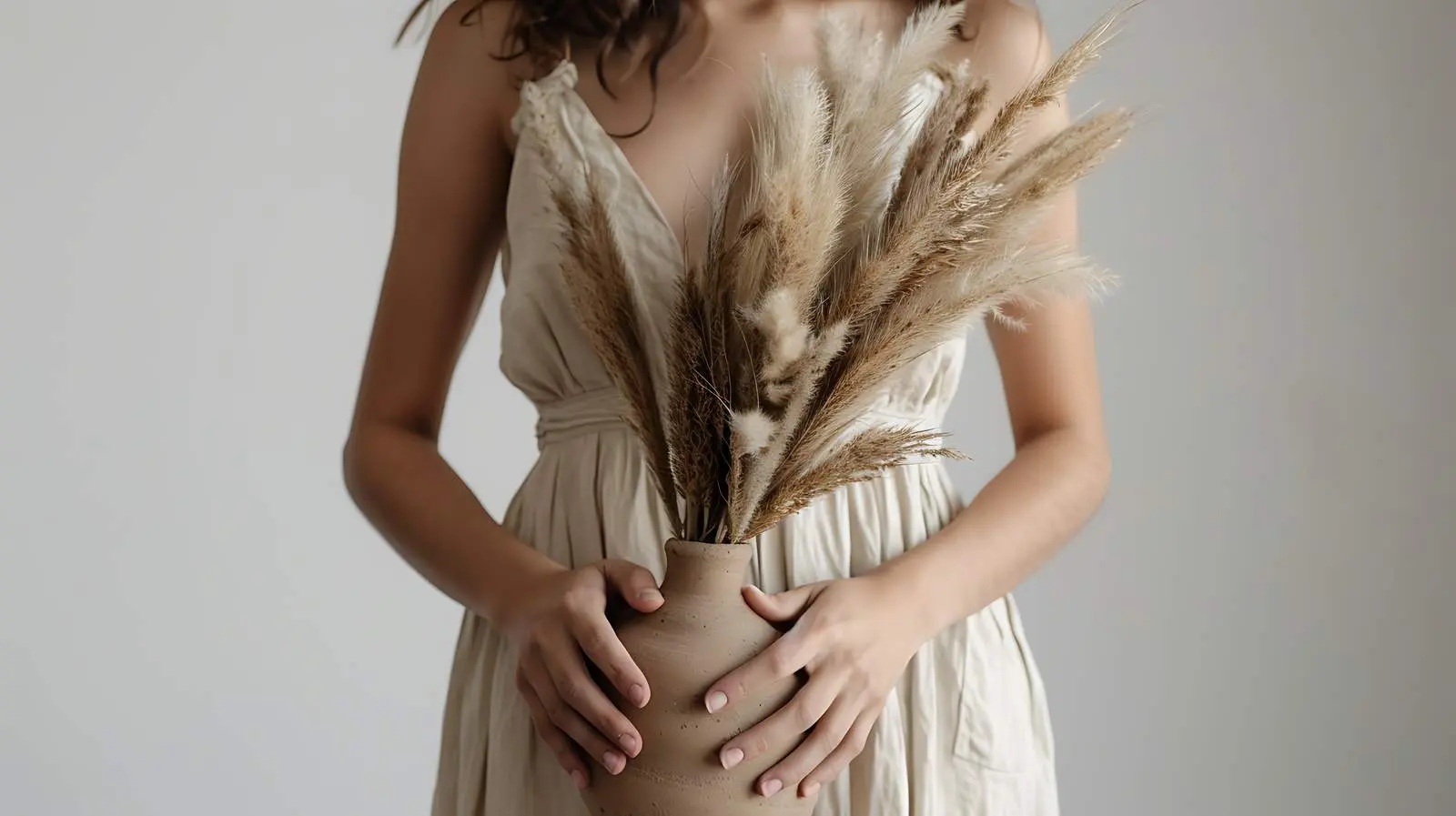 Clay Pot with Dried Pampas Grass in Hands – free young image from Dotvec