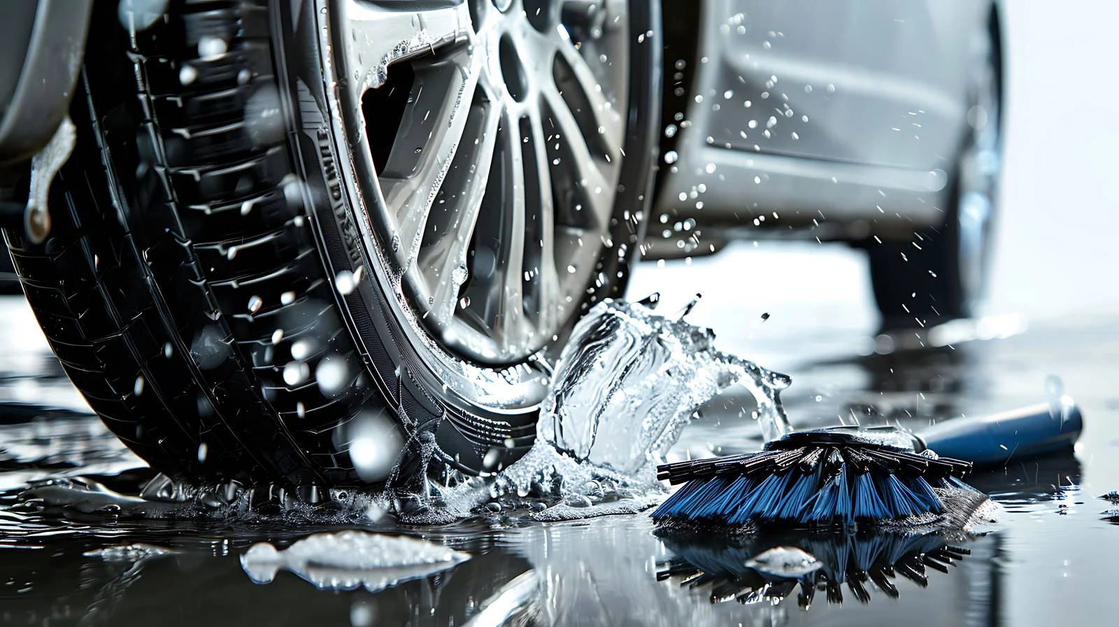 Detailing the car wheel with water and brush — free download from Dotvec