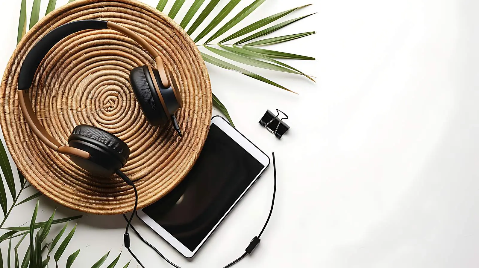 Minimal Wireless Headphones Clip on Rattan Plate – free wireless image from Dotvec