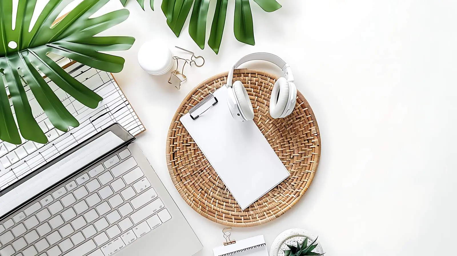 Minimalist Wireless Headphones on Rattan Plate – free user image from Dotvec