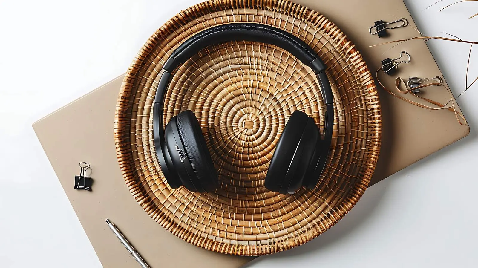 Minimal Wireless Headphones on Rattan Plate – free wireless image from Dotvec
