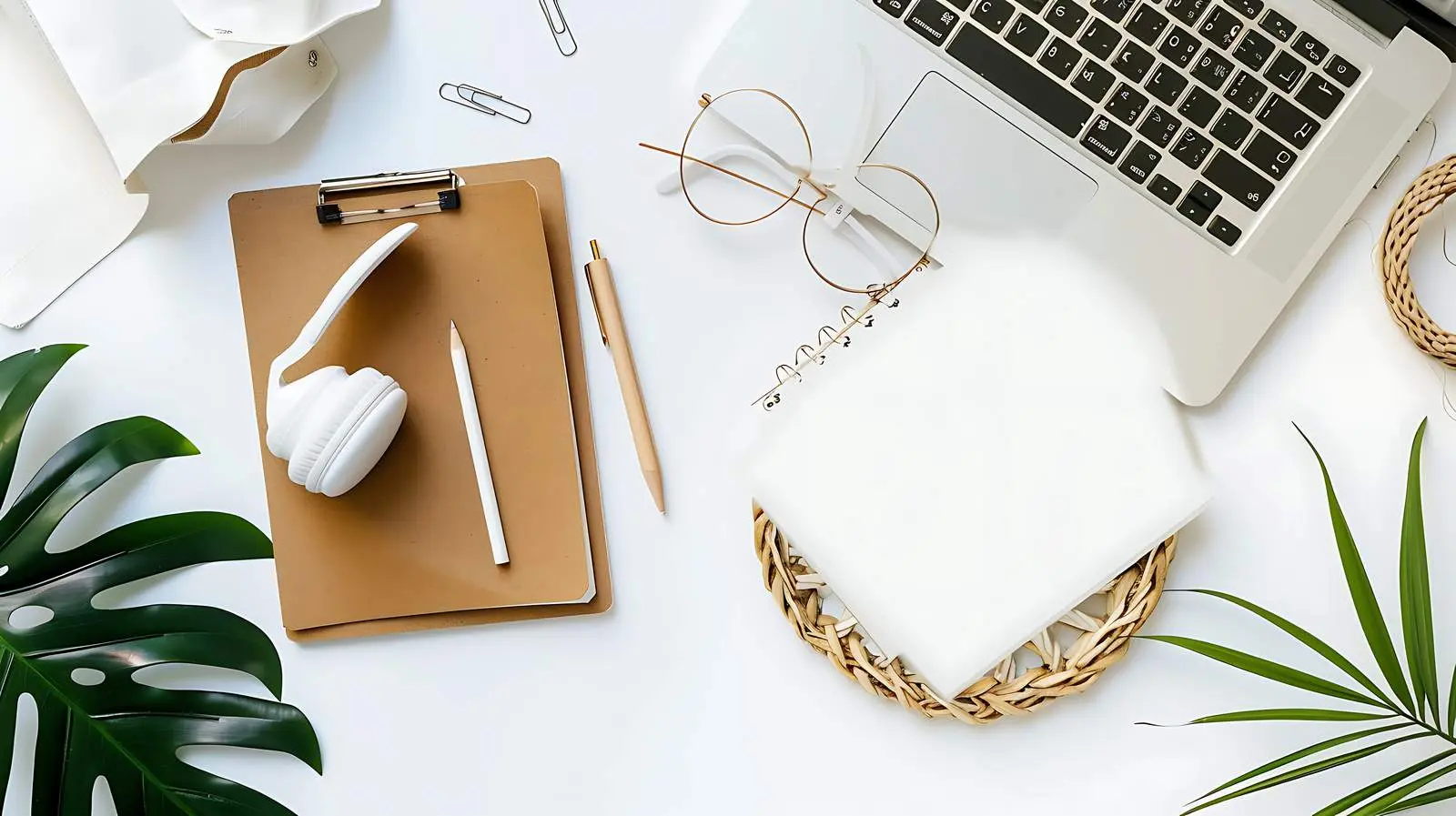 Wireless Headphones and Glasses Clips on Rattan Plate – free wireless image from Dotvec