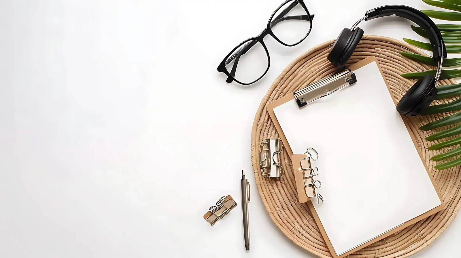 Wireless Headphones and Clips on Rattan Plate – free wireless image from Dotvec