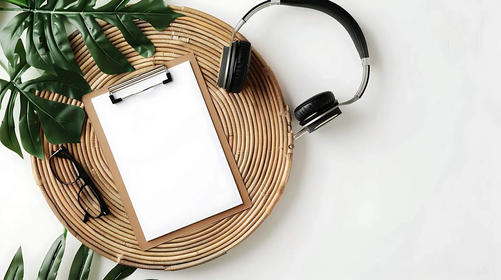 Wireless Headphones and Glasses on Rattan Plate – free wireless image from Dotvec