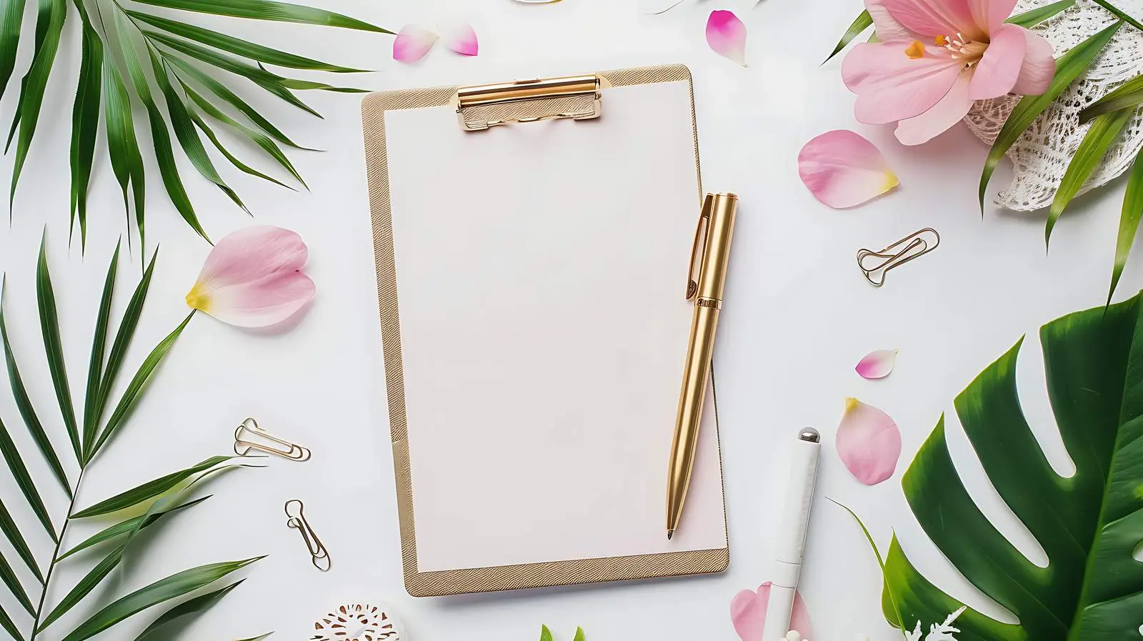 Blank Clipboard with Golden Pen and Clips – free school image from Dotvec