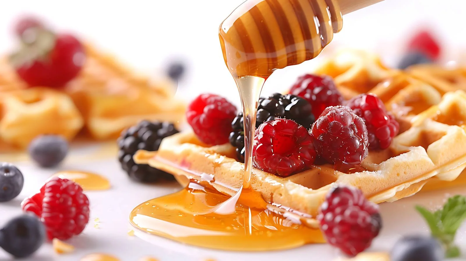 Delicious Waffles with Honey Droplets Close-up — free download from Dotvec