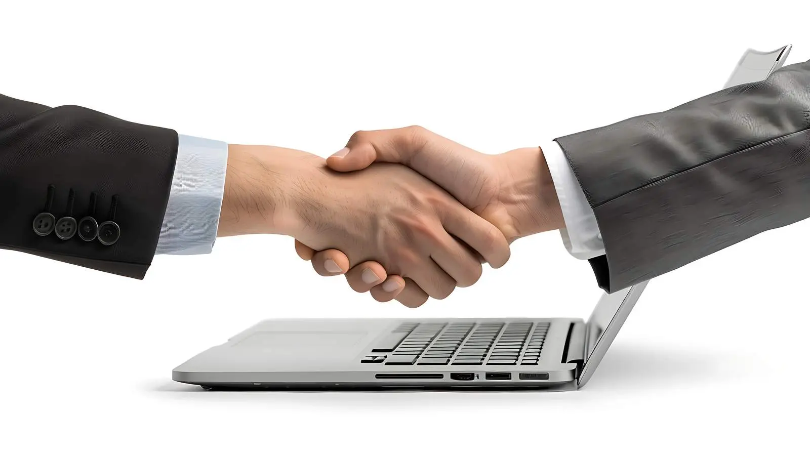 Close-Up Business Handshake with Laptop on White Background – free trust image from Dotvec