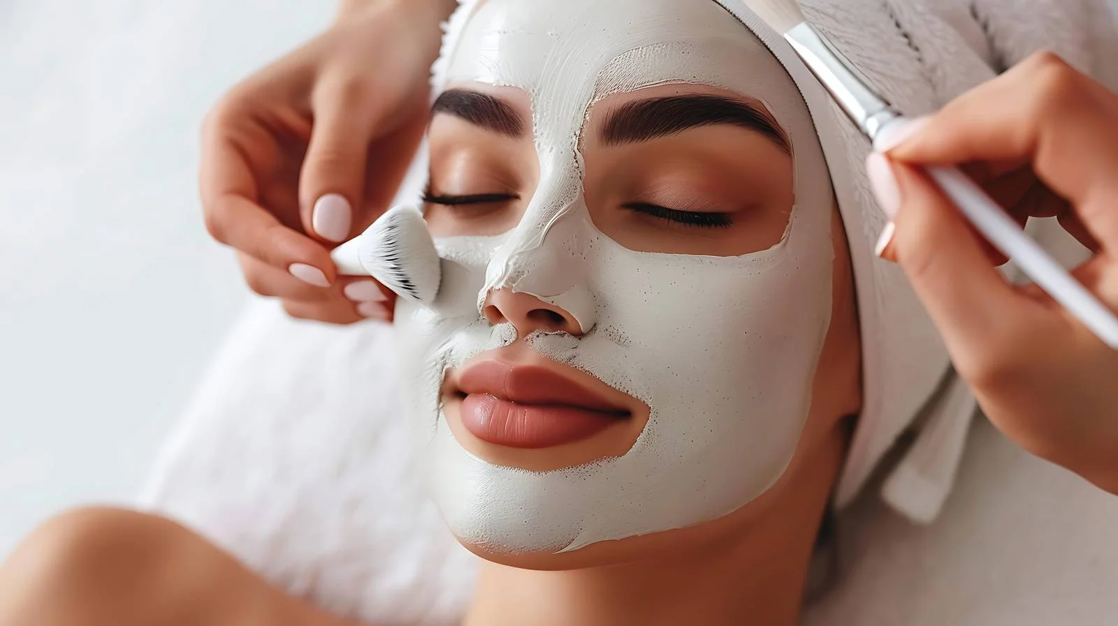 Elegant woman applying facial mask lying down — free download from Dotvec