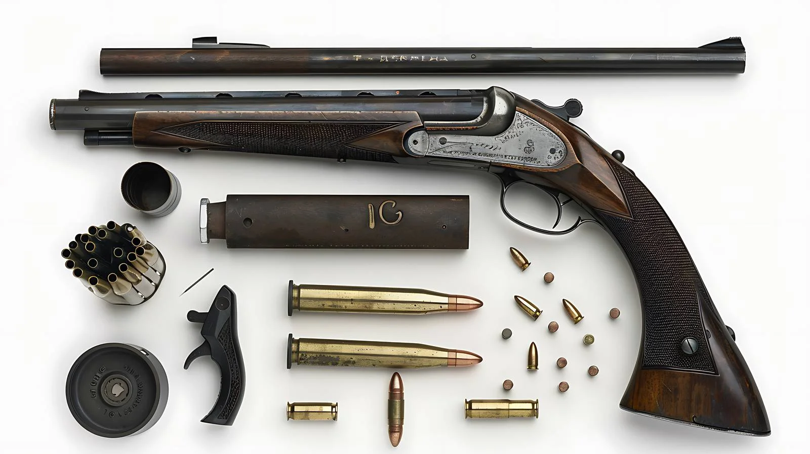 Detailed view of disassembled shotgun with ammo — free download from Dotvec