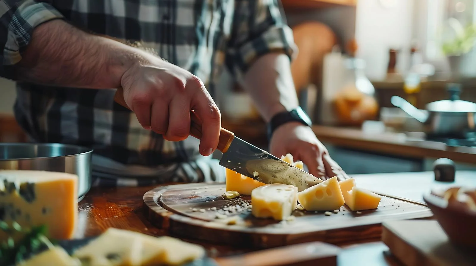 Man Cutting Cheese on Kitchen Counter — free download from Dotvec