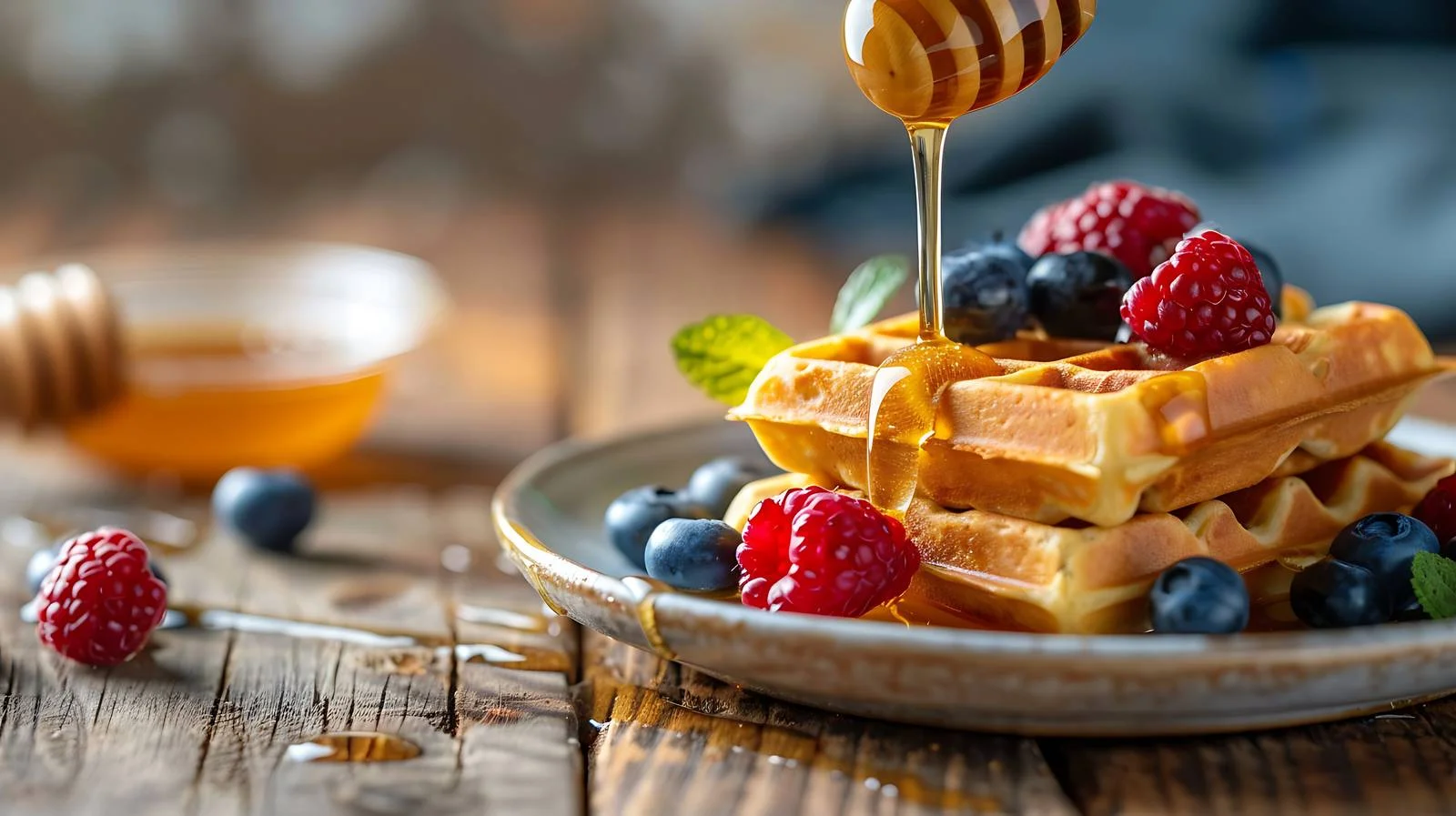 Delicious Waffles with Fresh Berries and Honey — free download from Dotvec
