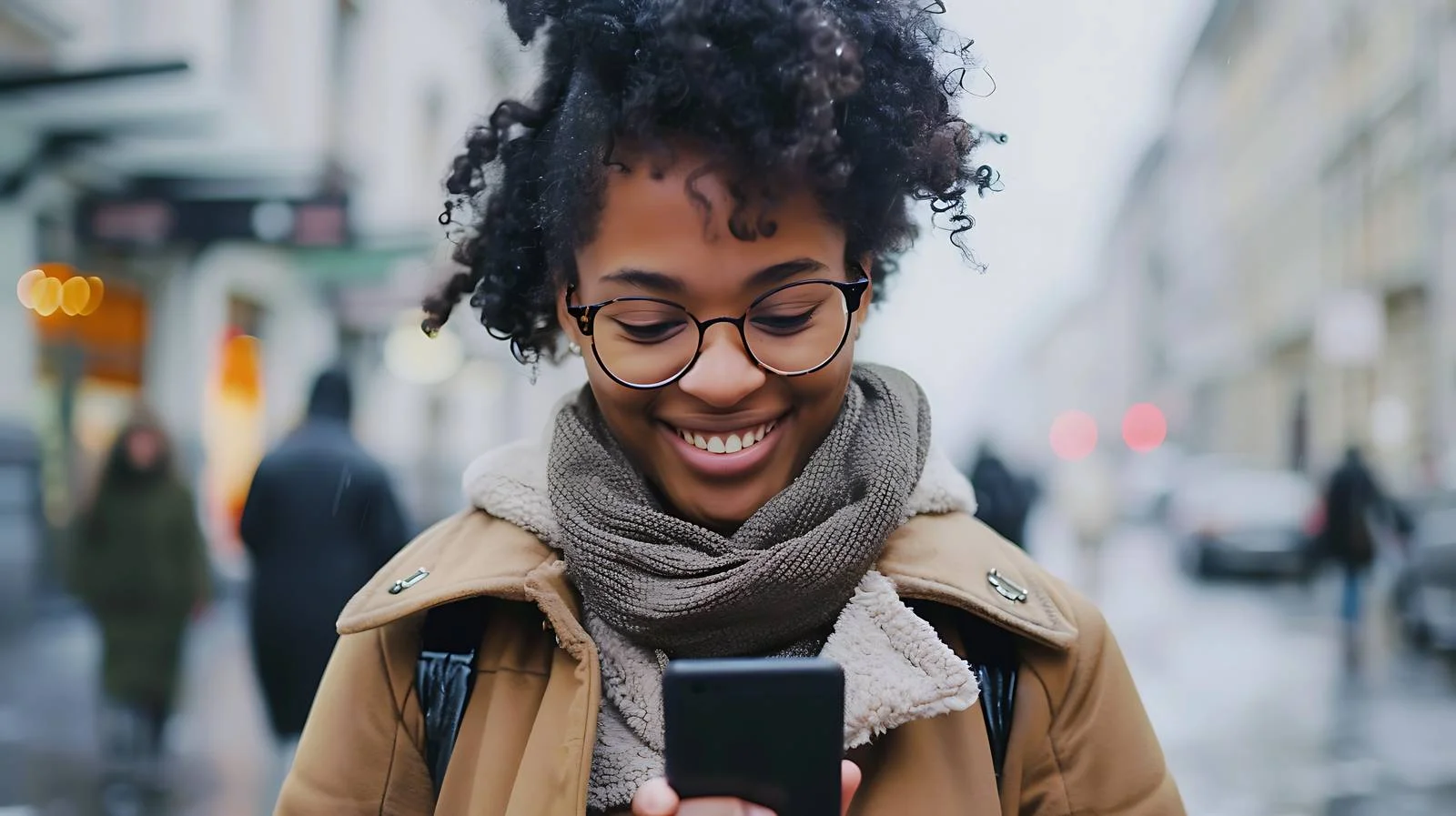 Joyful woman texting on smartphone indoors — free download from Dotvec