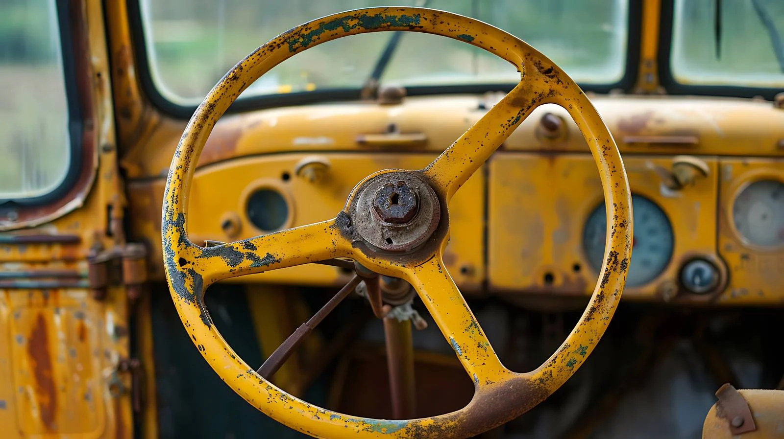 Vintage yellow bus steering wheel close-up — free download from Dotvec