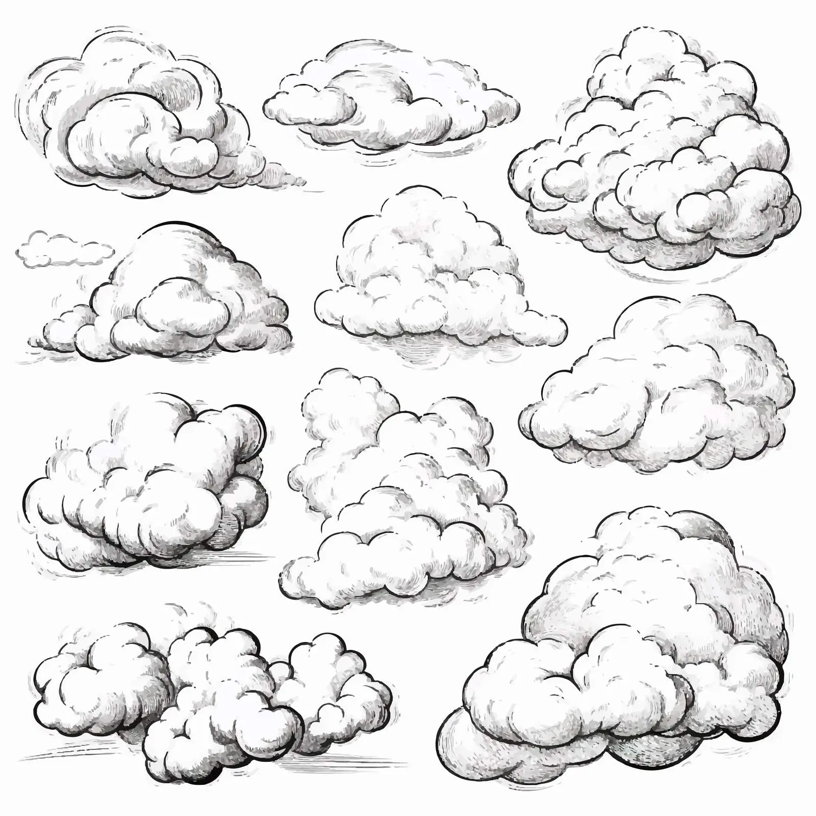 Medieval Engraving Style Cartoon Clouds Vector – free weather elements image from Dotvec