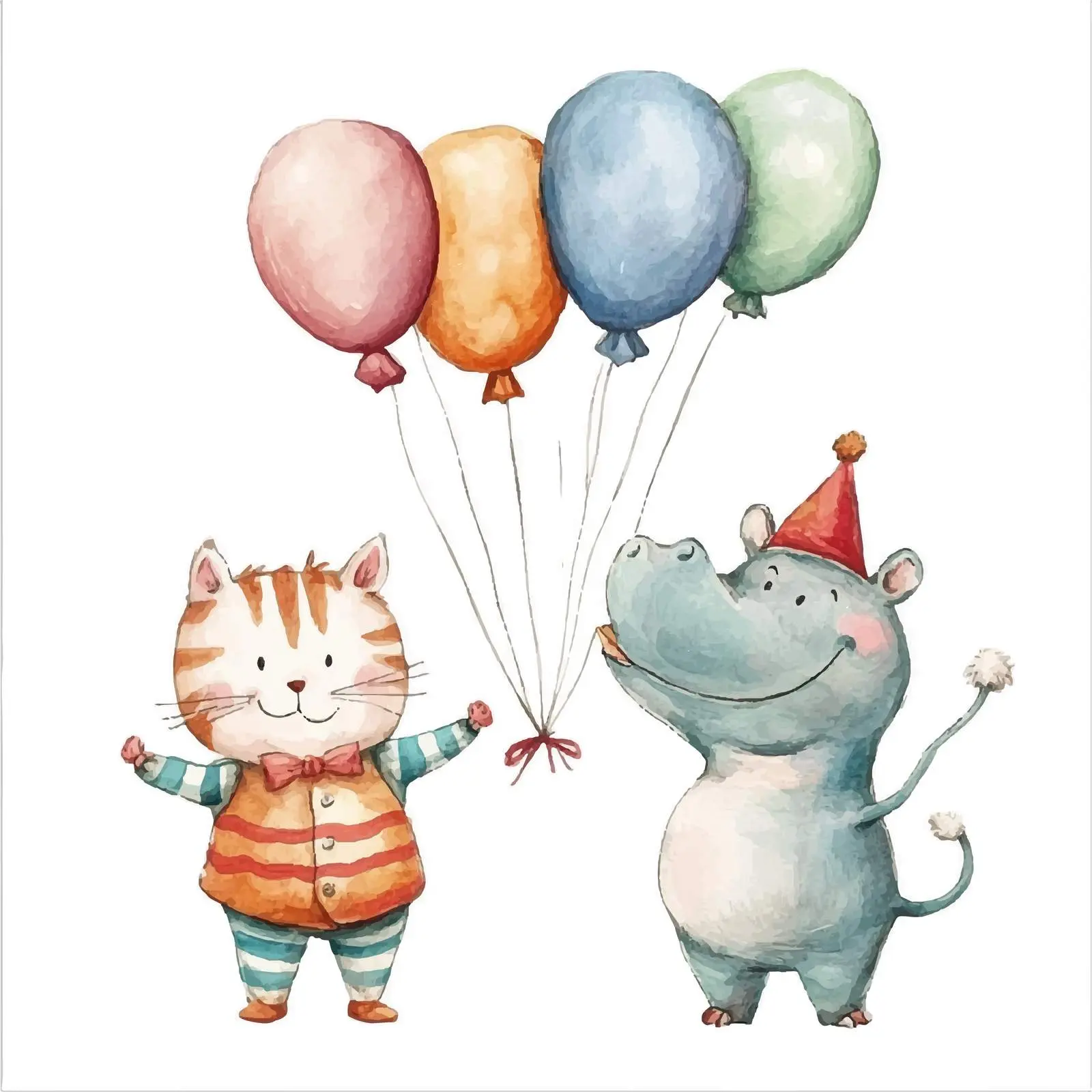 Cute Watercolor Clowns with Hippo and Balloons — free download from Dotvec