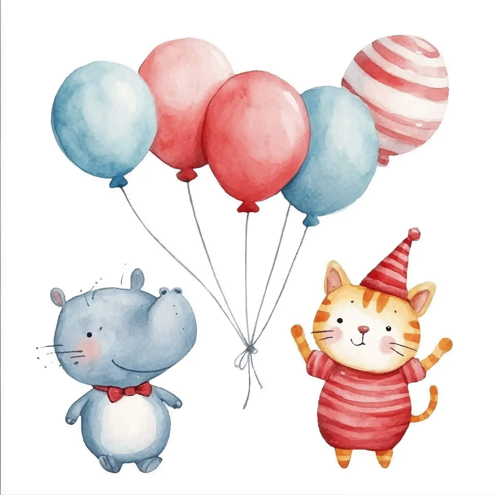 Cute Watercolor Clowns with Cat and Hippo Balloons — free download from Dotvec