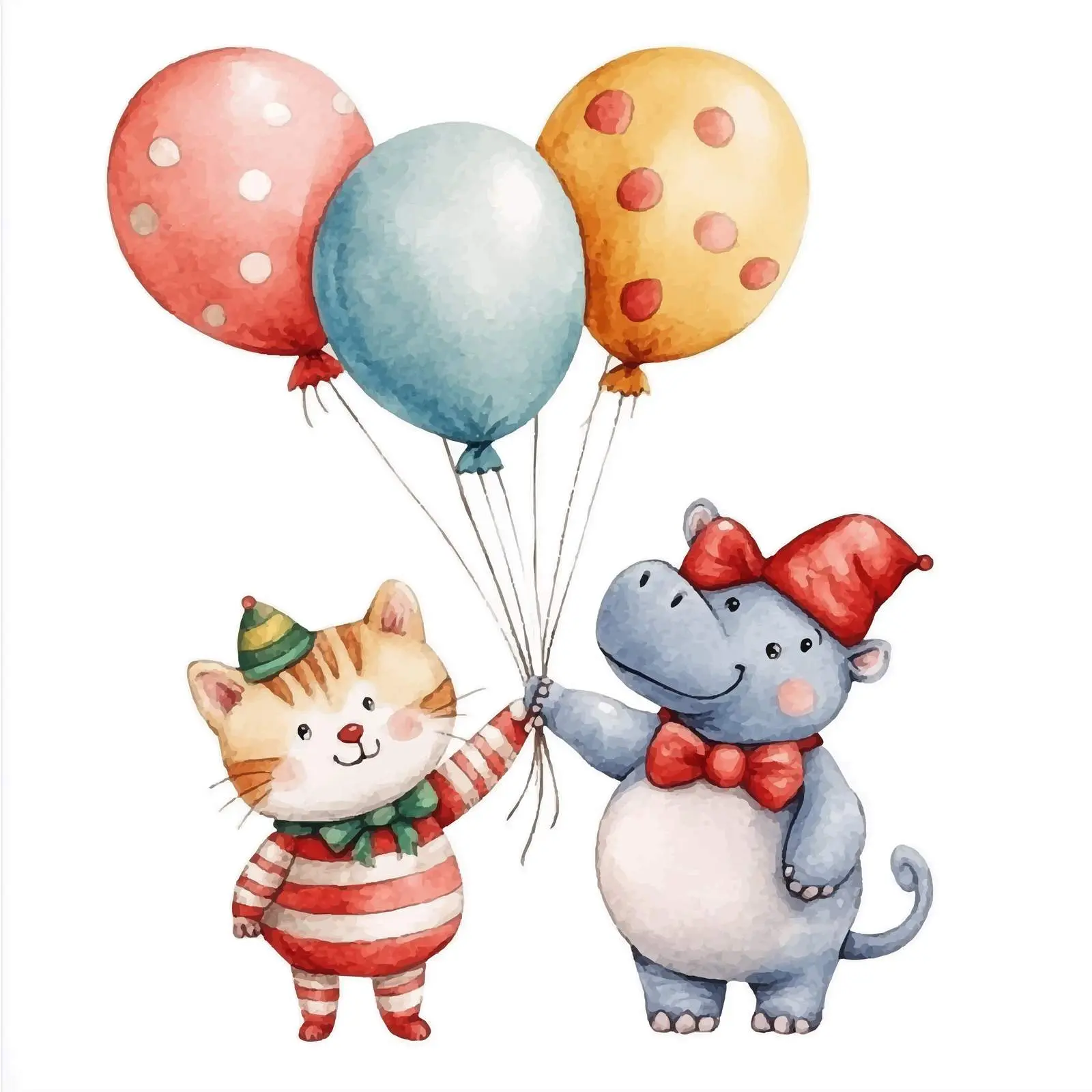 Cute Hippo and Clowns with Balloons Watercolor – free imaginary image from Dotvec