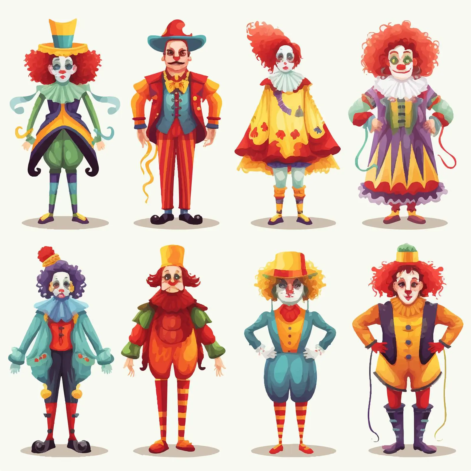 Illustration of Clowns in Various Costumes — free download from Dotvec