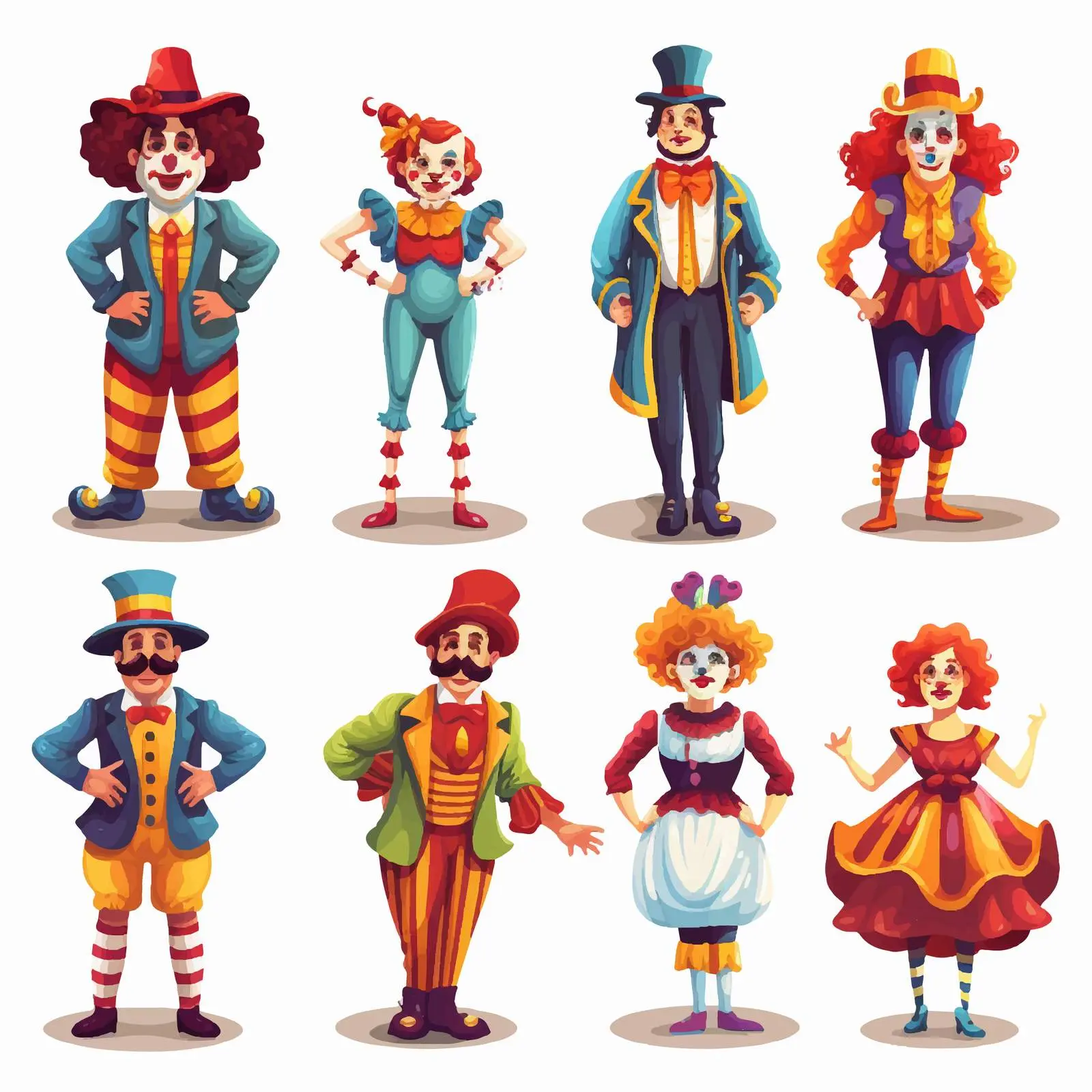 Colorful Clowns in Unique Costumes Illustration — free download from Dotvec