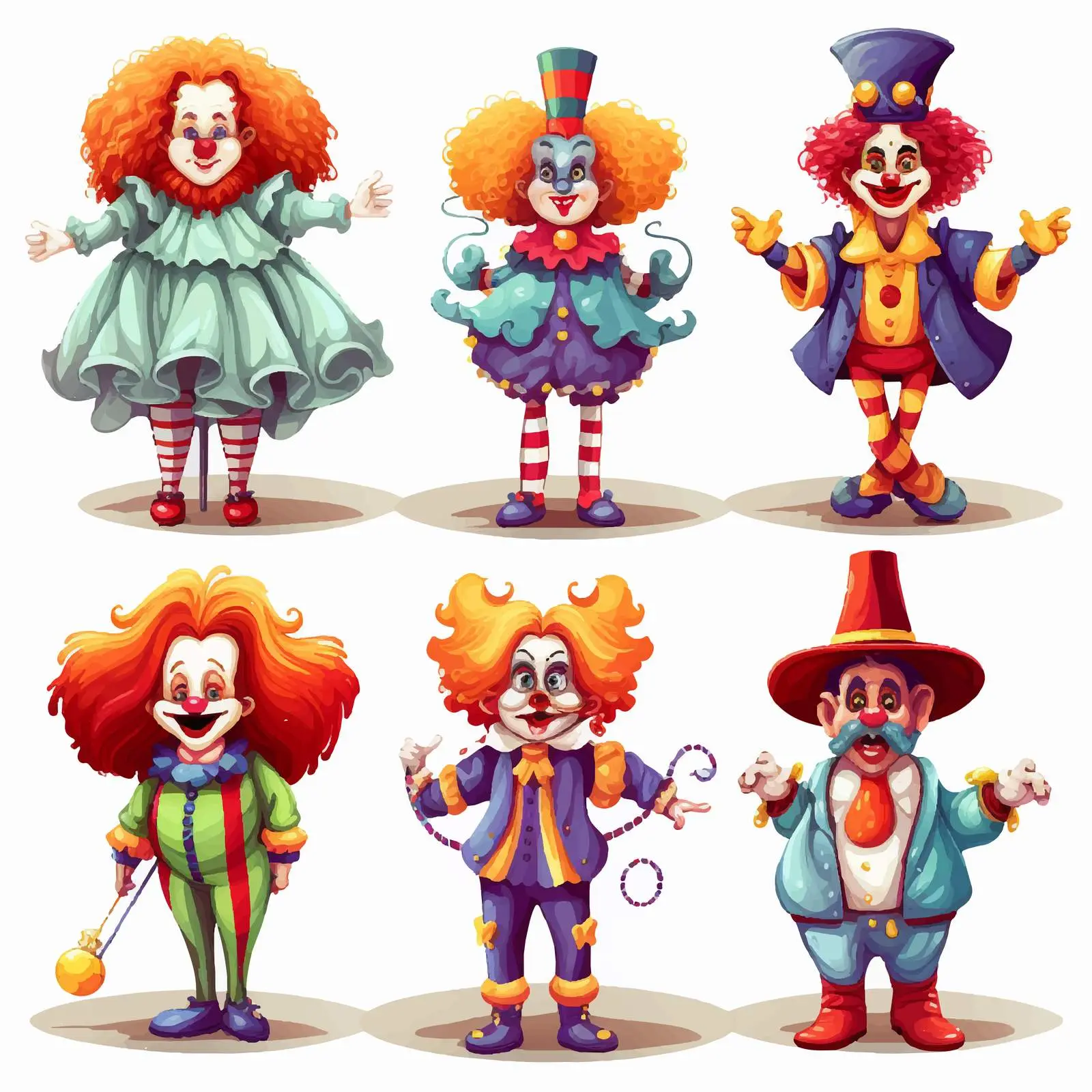Colorful Clowns in Various Costumes Illustration — free download from Dotvec