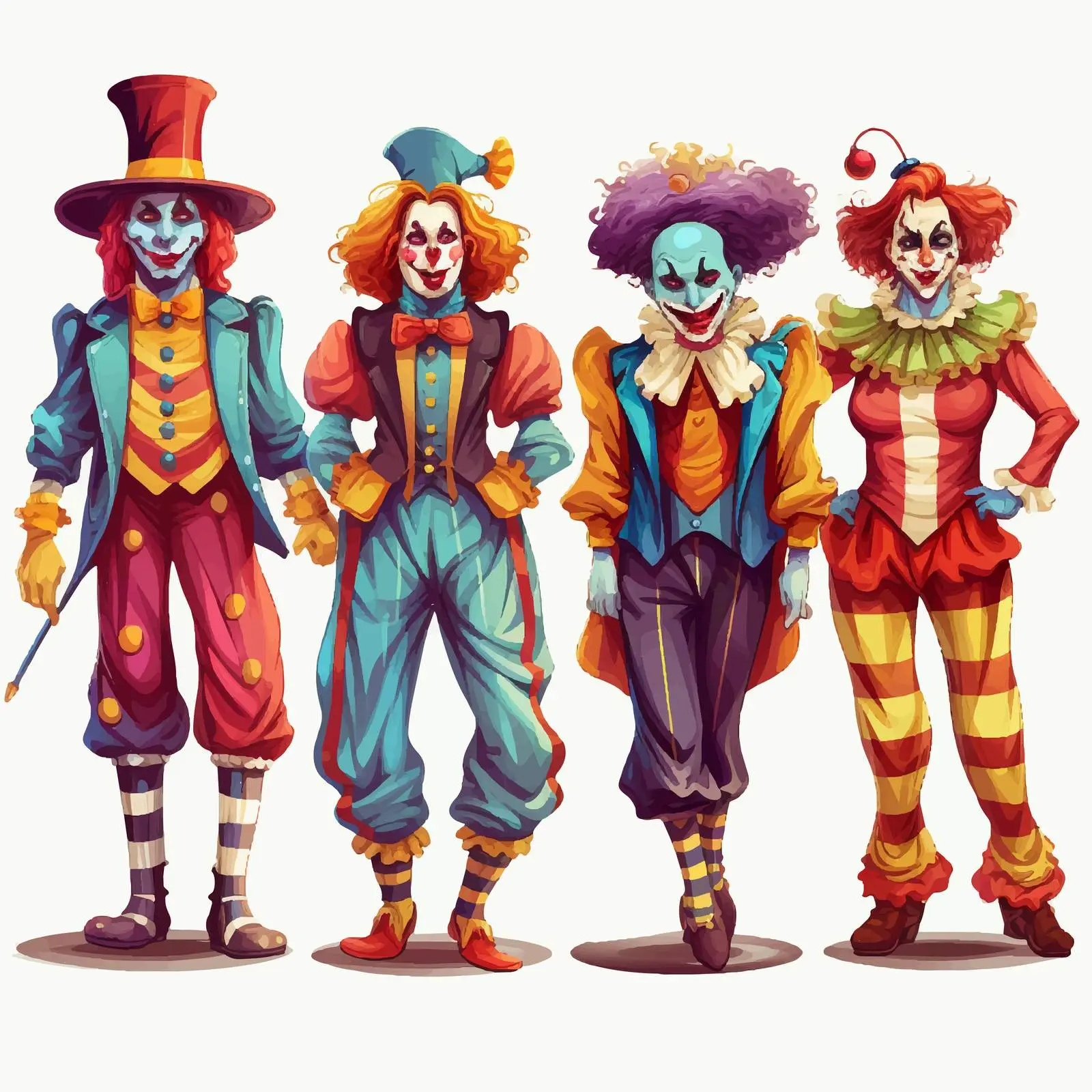 Colorful Clowns in Diverse Costumes Illustration — free download from Dotvec