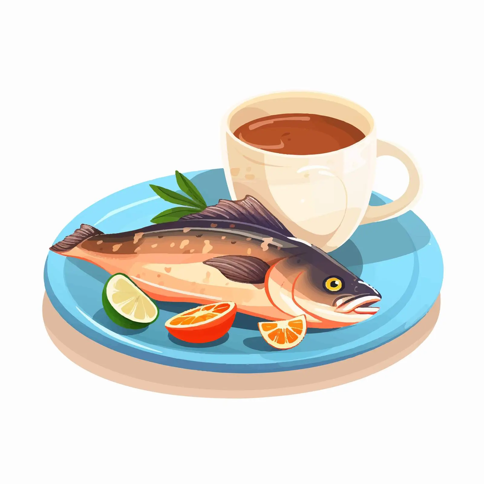 Coffee Cup and Fish on Plate Vector Graphic — free download from Dotvec
