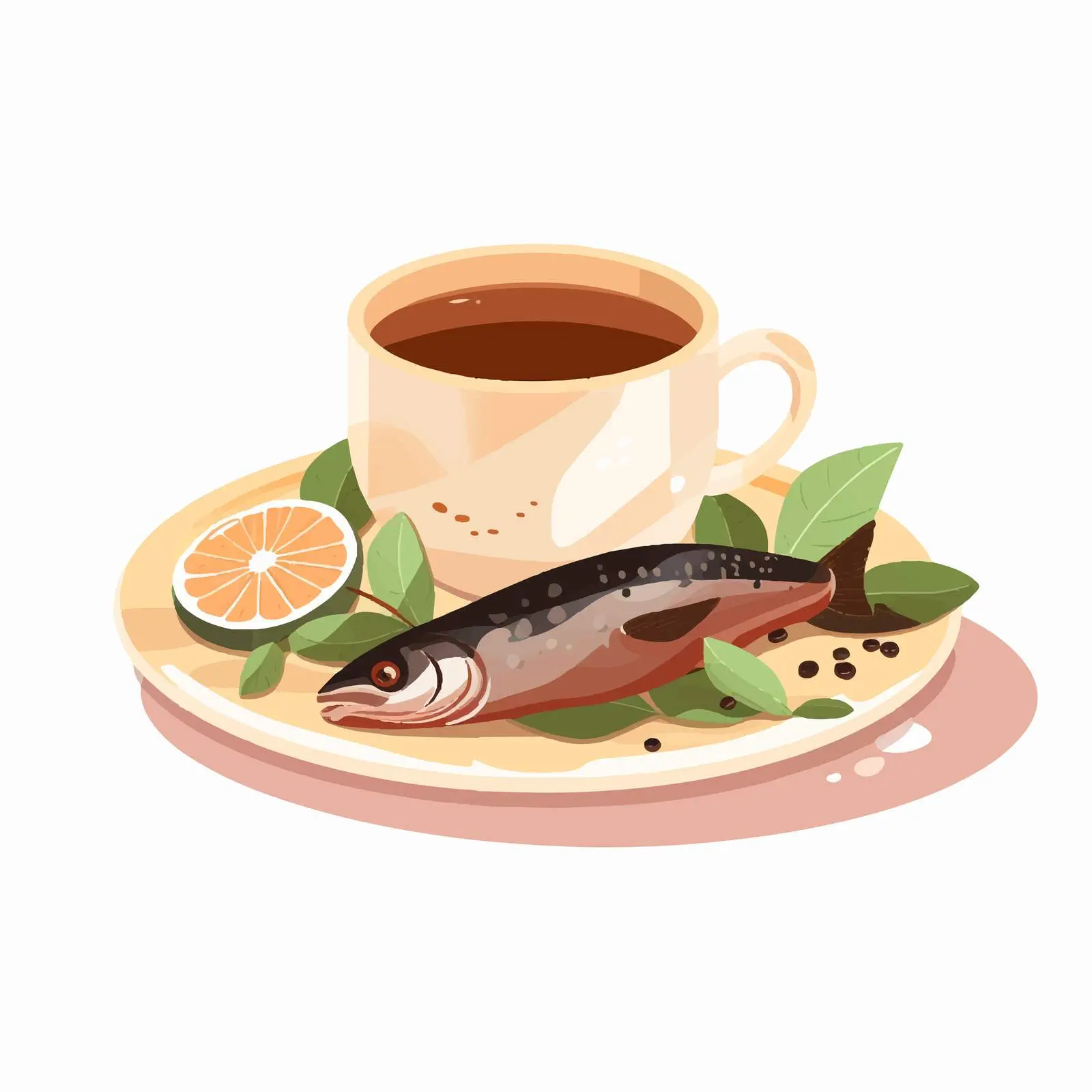 Coffee Cup with Fish Dish on a Plate — free download from Dotvec