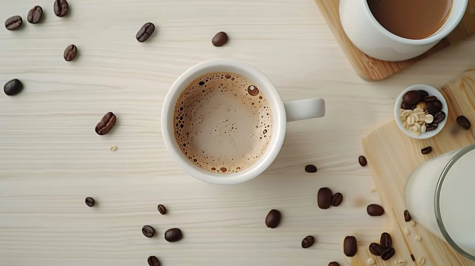 Flatlay Coffee Mug with Milk on Wooden Table – free enjoyment image from Dotvec