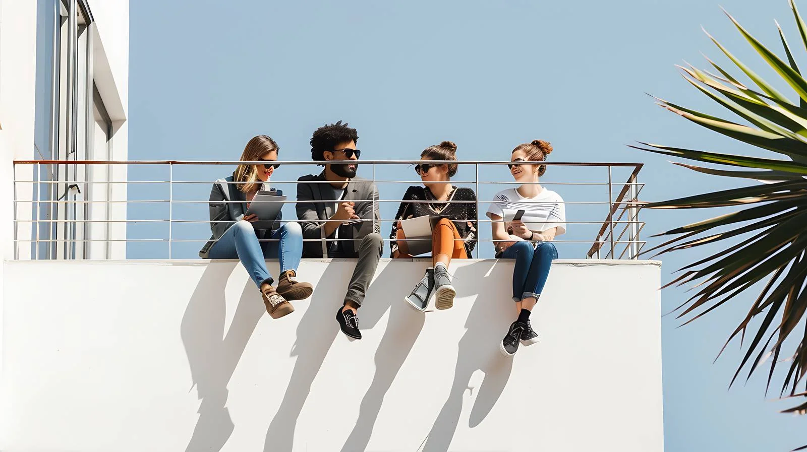 Team Brainstorms on Balcony, Takes Notes — free download from Dotvec