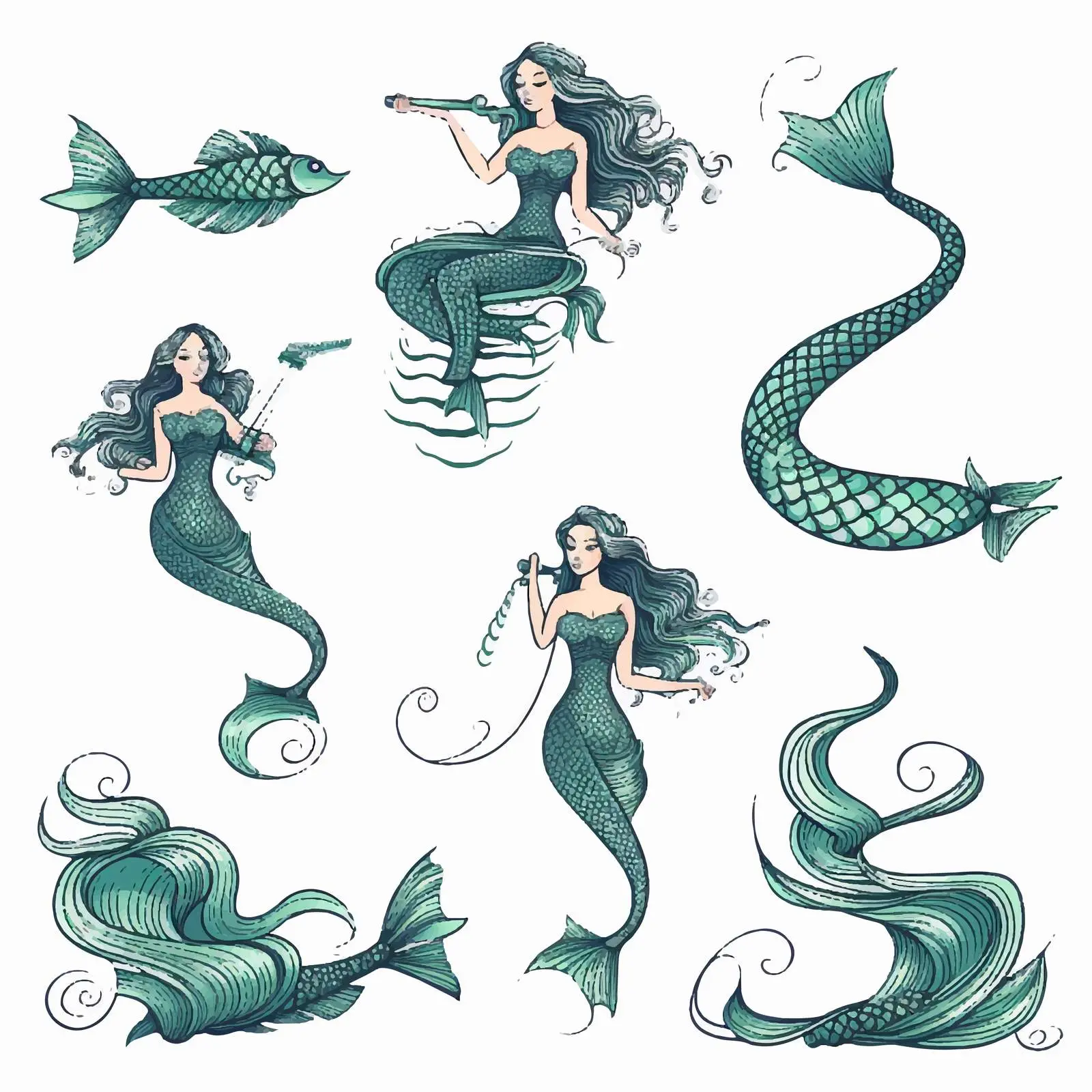 Hand-Drawn Mermaid Vector Collection in Various Postures — free download from Dotvec