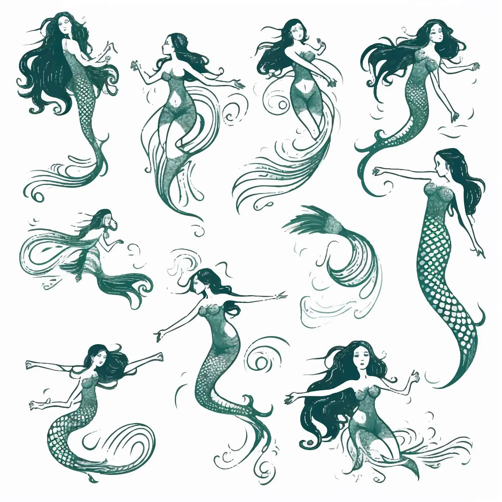 Hand-Drawn Mermaid Collection in Various Poses — free download from Dotvec