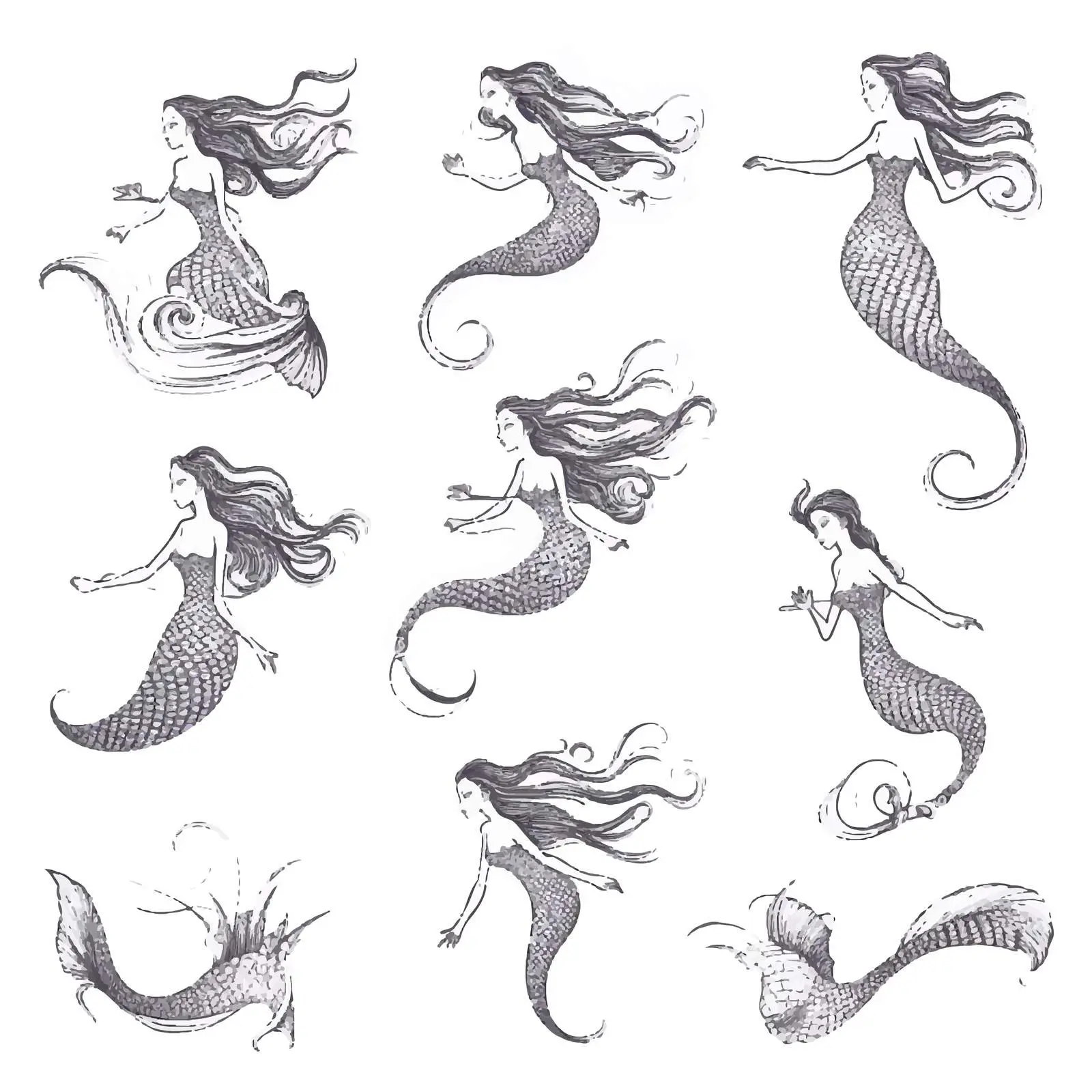 Hand-Drawn Naiad Mermaid in Various Postures — free download from Dotvec
