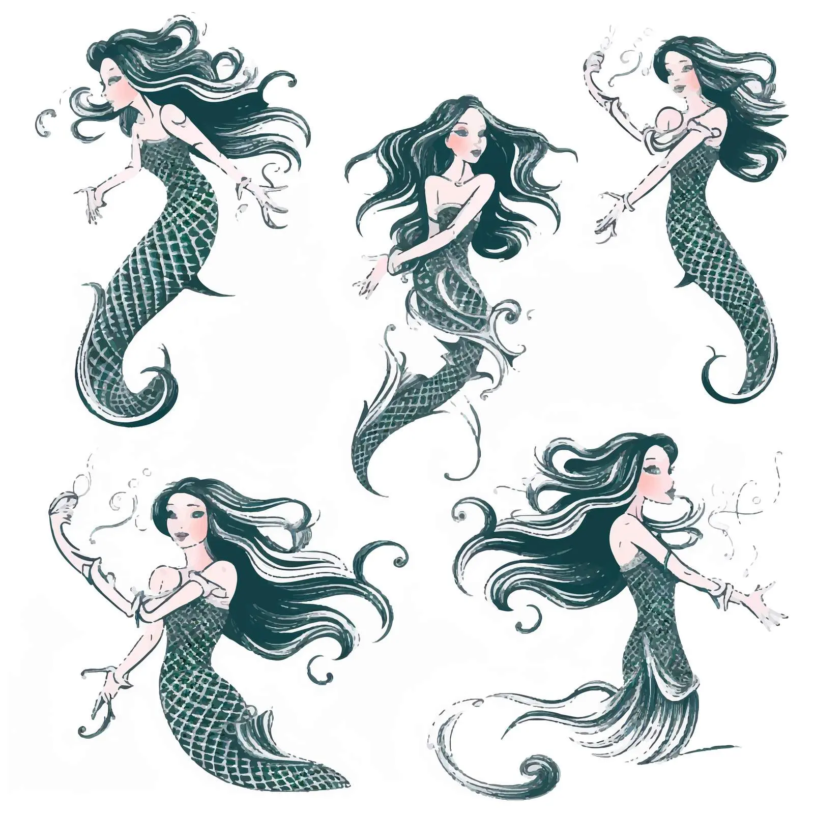 Hand-Drawn Naiad Mermaid in Various Postures — free download from Dotvec