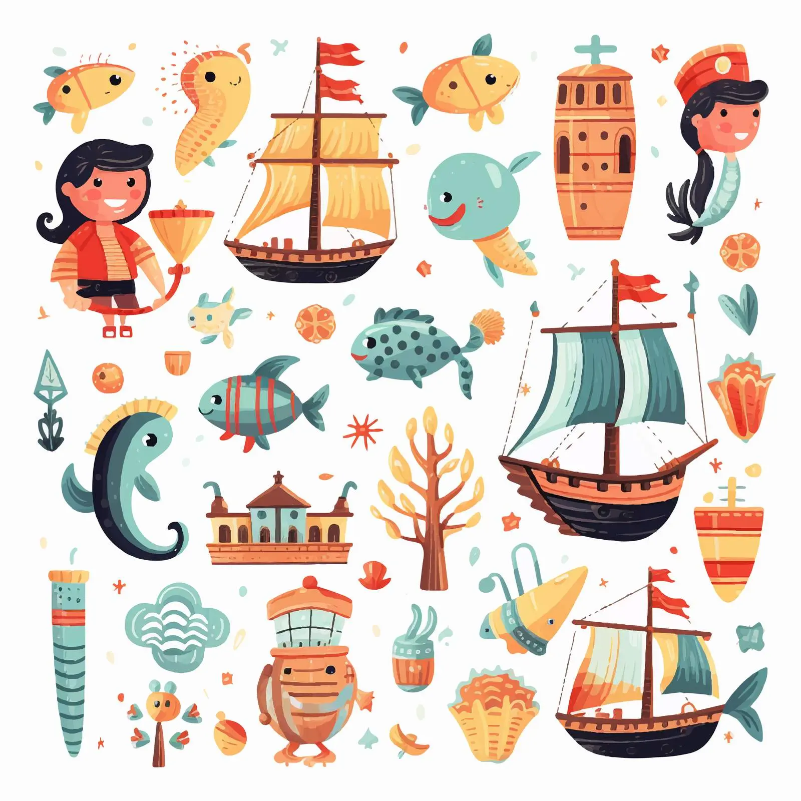 Cute Pirates and Mermaids at Sea — free download from Dotvec