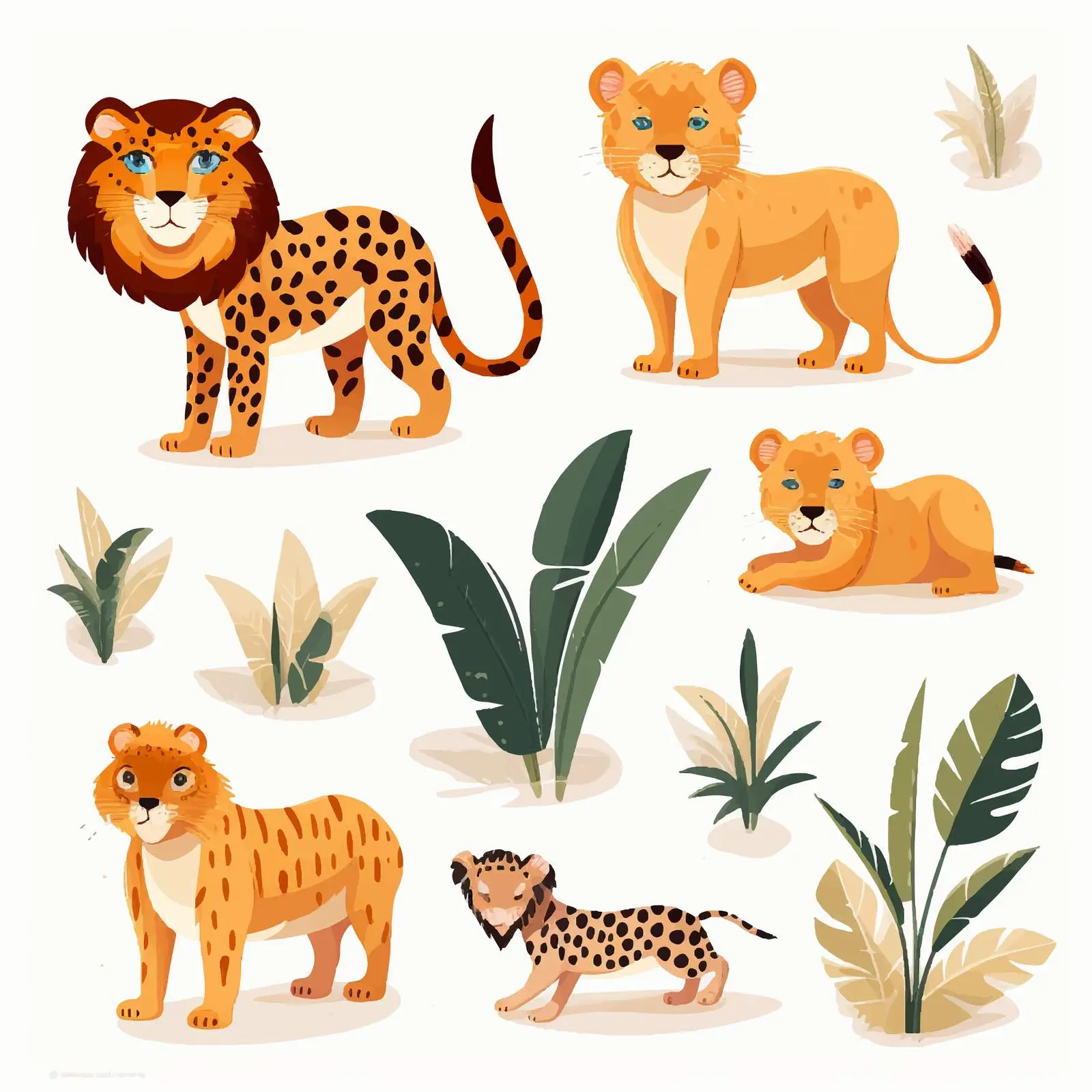 Amusing Lions, Tigers, and Leopards Vector Art — free download from Dotvec
