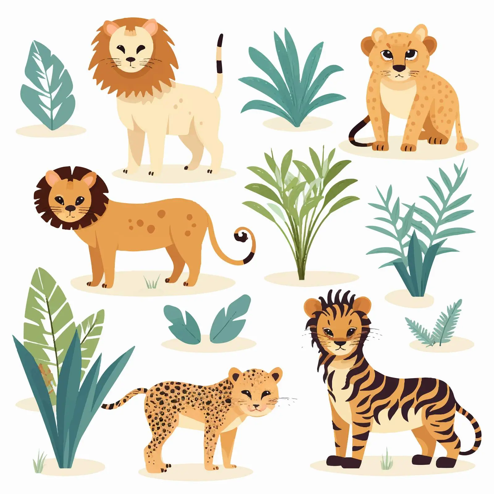 Amusing Lions, Tigers, Leopards with Exotic Leaves — free download from Dotvec