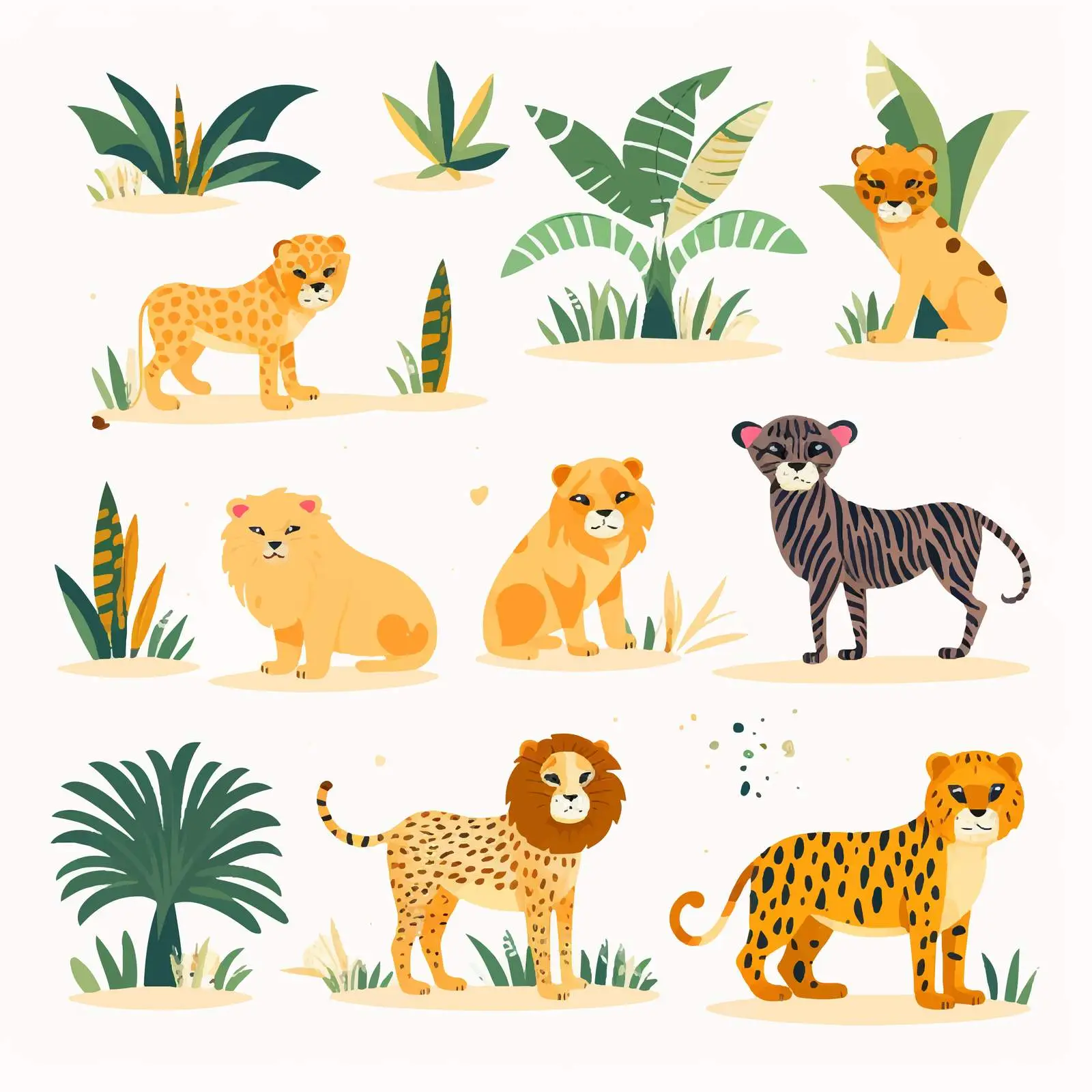 Amusing Lions, Tigers, and Leopards Illustration — free download from Dotvec
