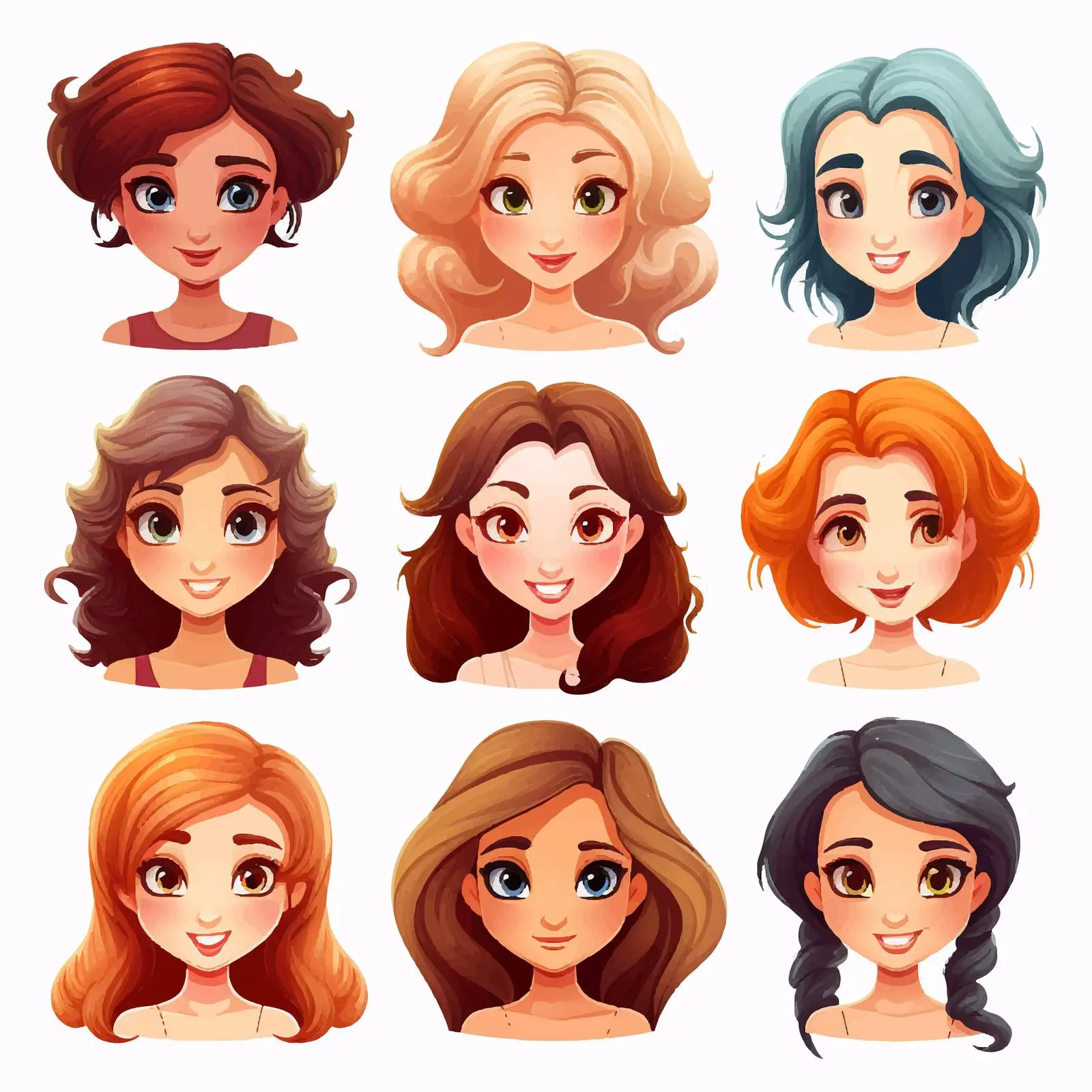 Collection of Cartoon Girl Heads Illustration – free unique characters image from Dotvec